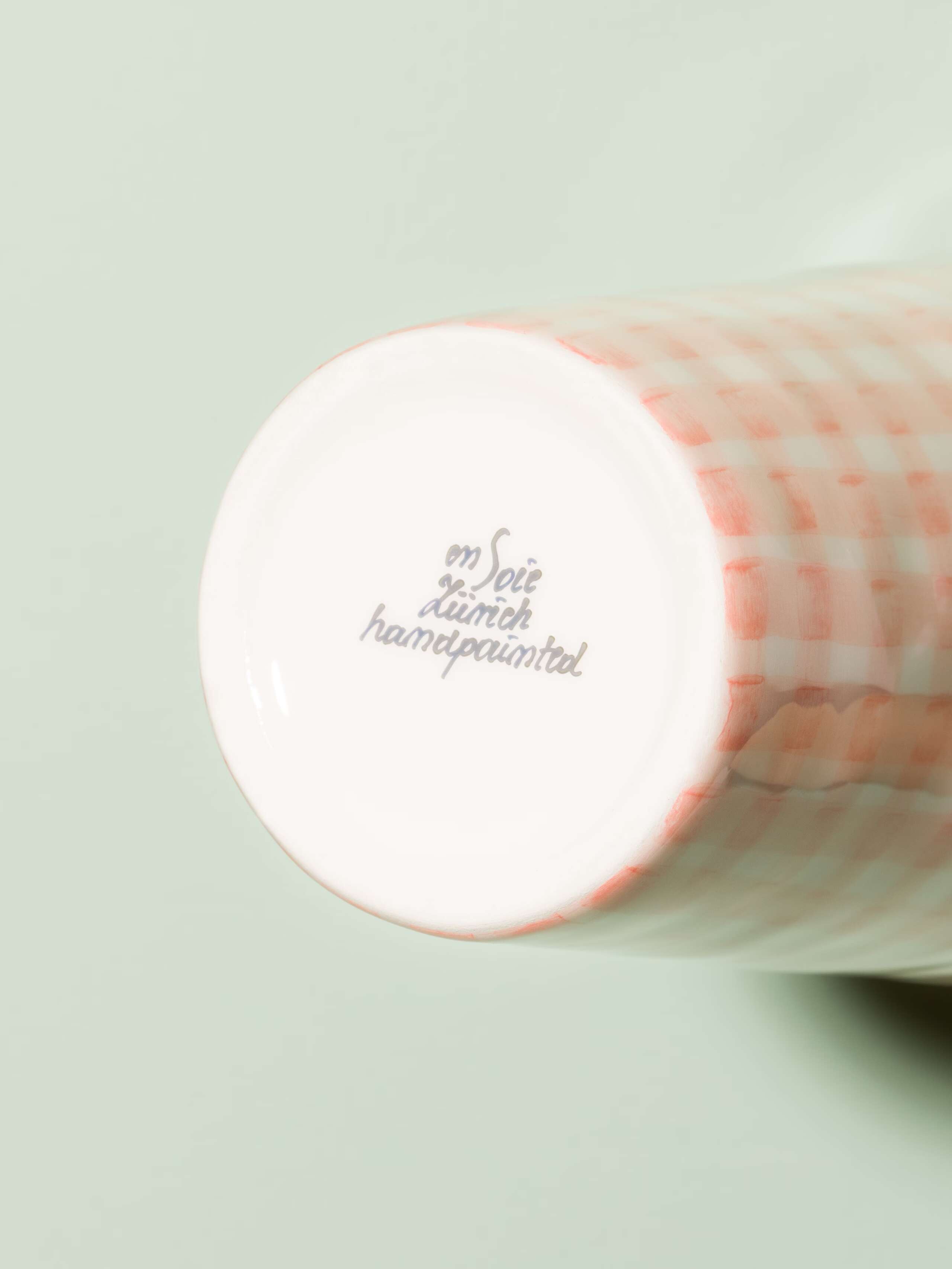 Picture of a small vase featuring a beautiful vichy check pattern in candy pink