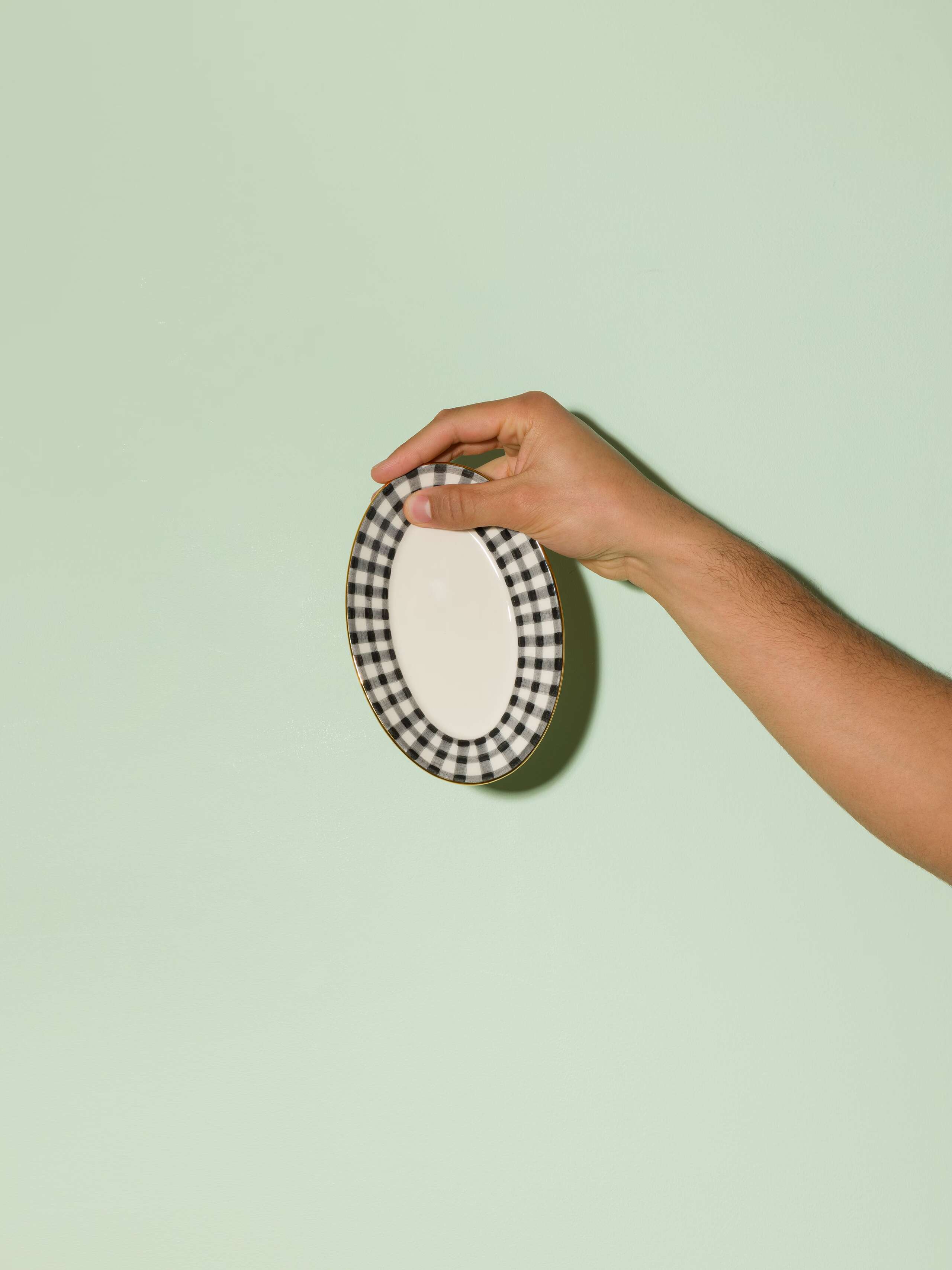 Picture of a beautiful small tapas plate featuring a black vichy check pattern rim 