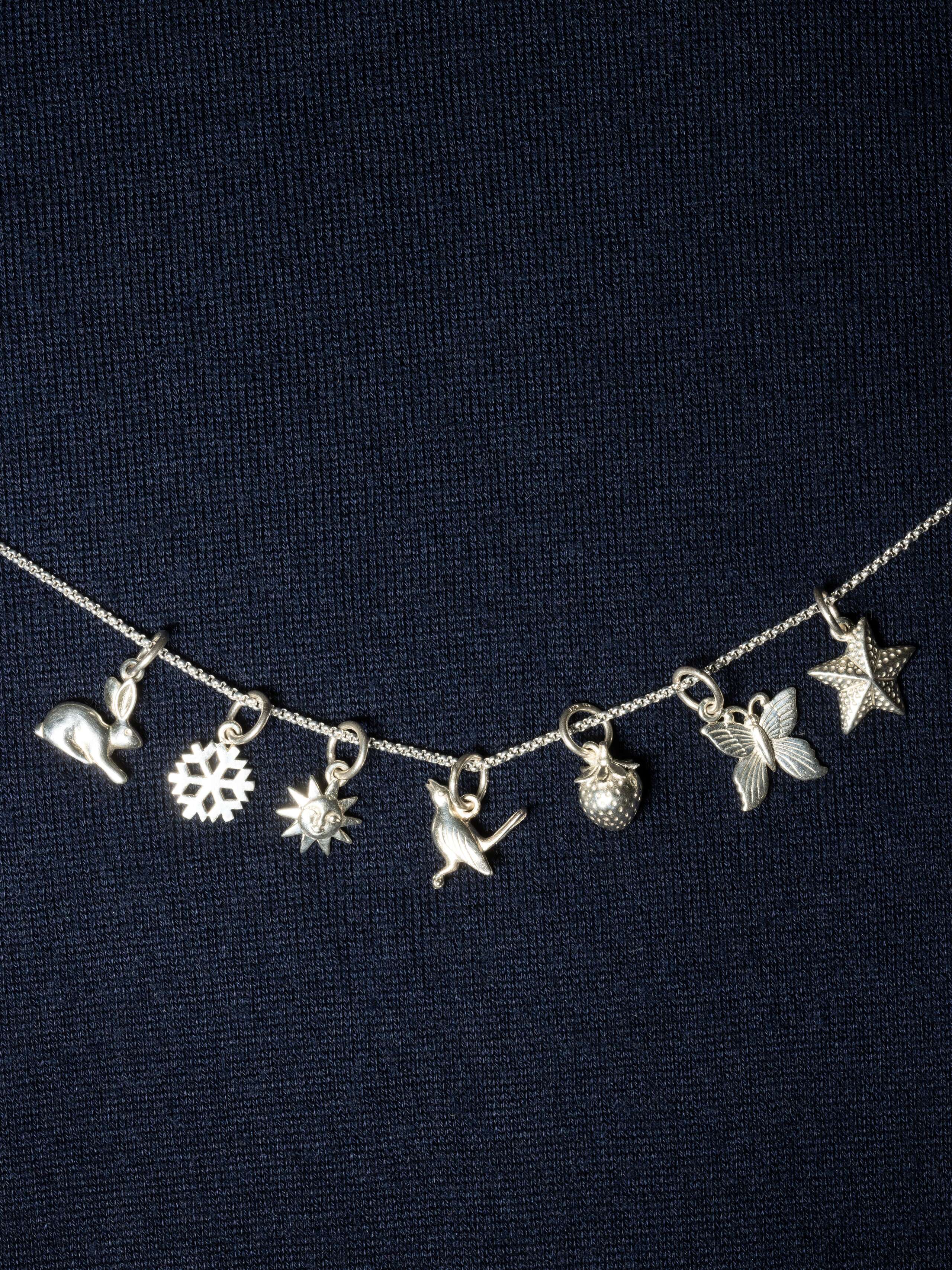 Picture of seven beautiful silver pendants (rabbit, snowflake, sun, bird, strawberry, butterfly, starfish)