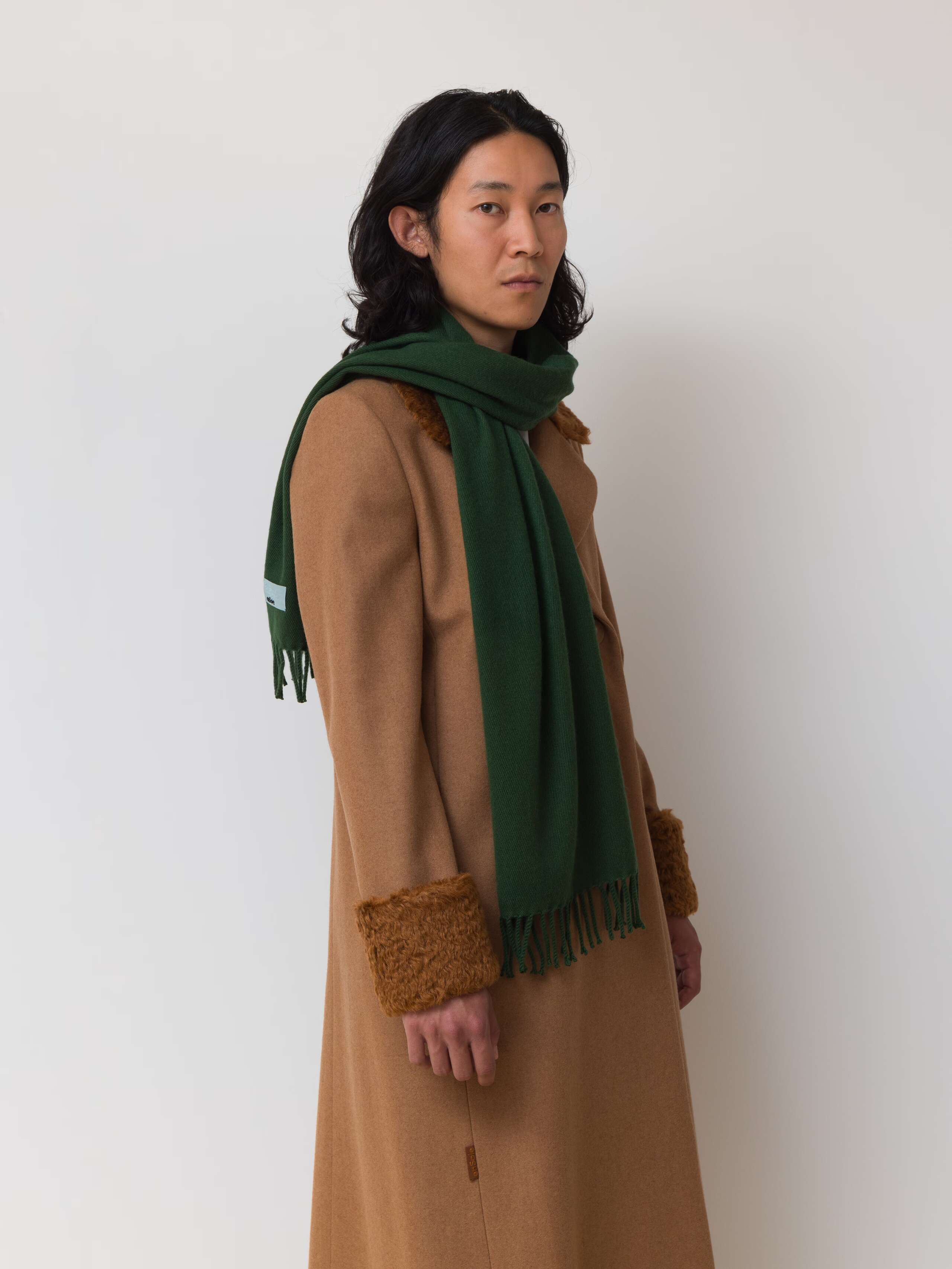Picture of a male model wearing a green cashmere scarf