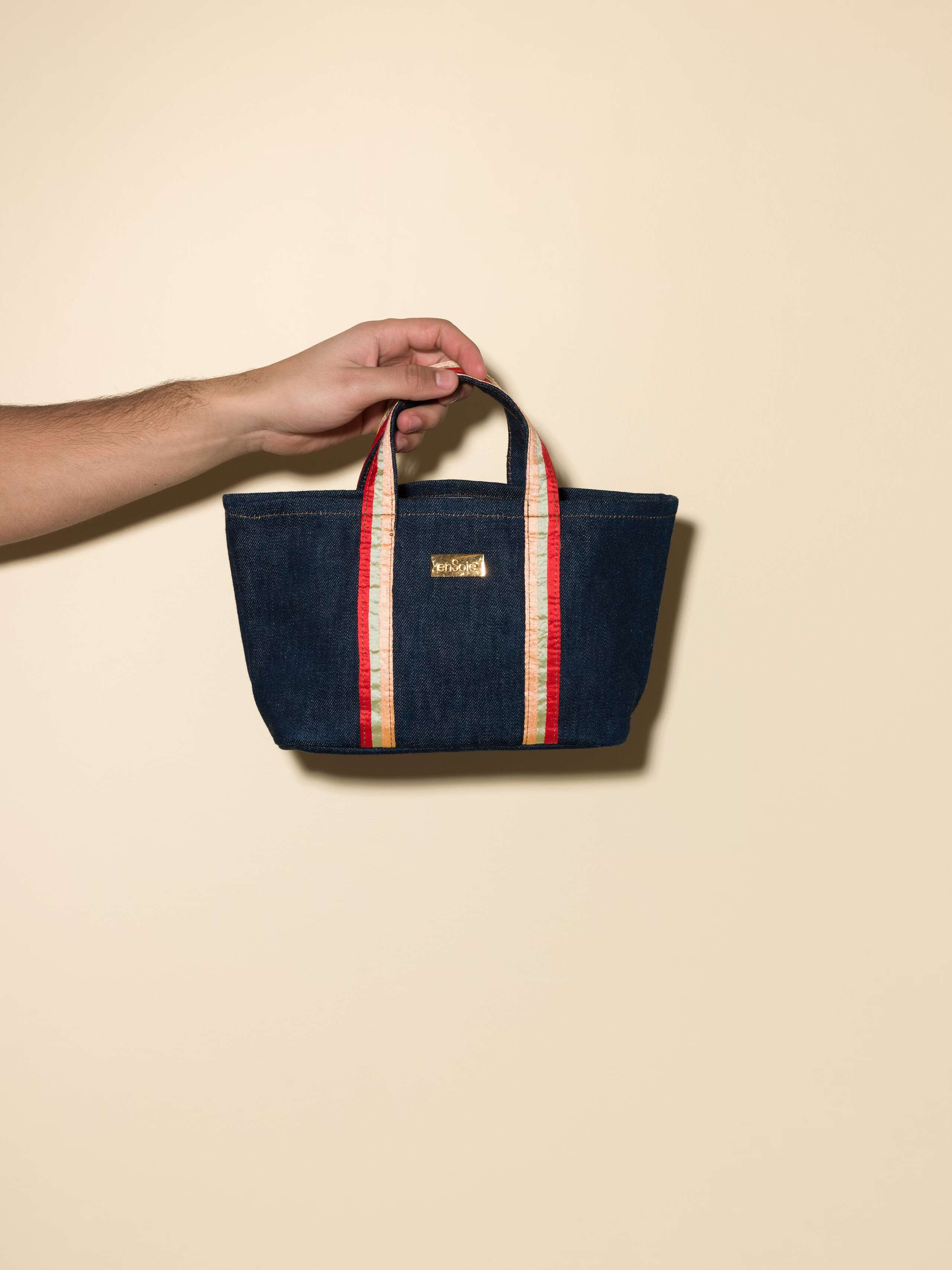 Picture of the small upstate bag with denim and silk handles