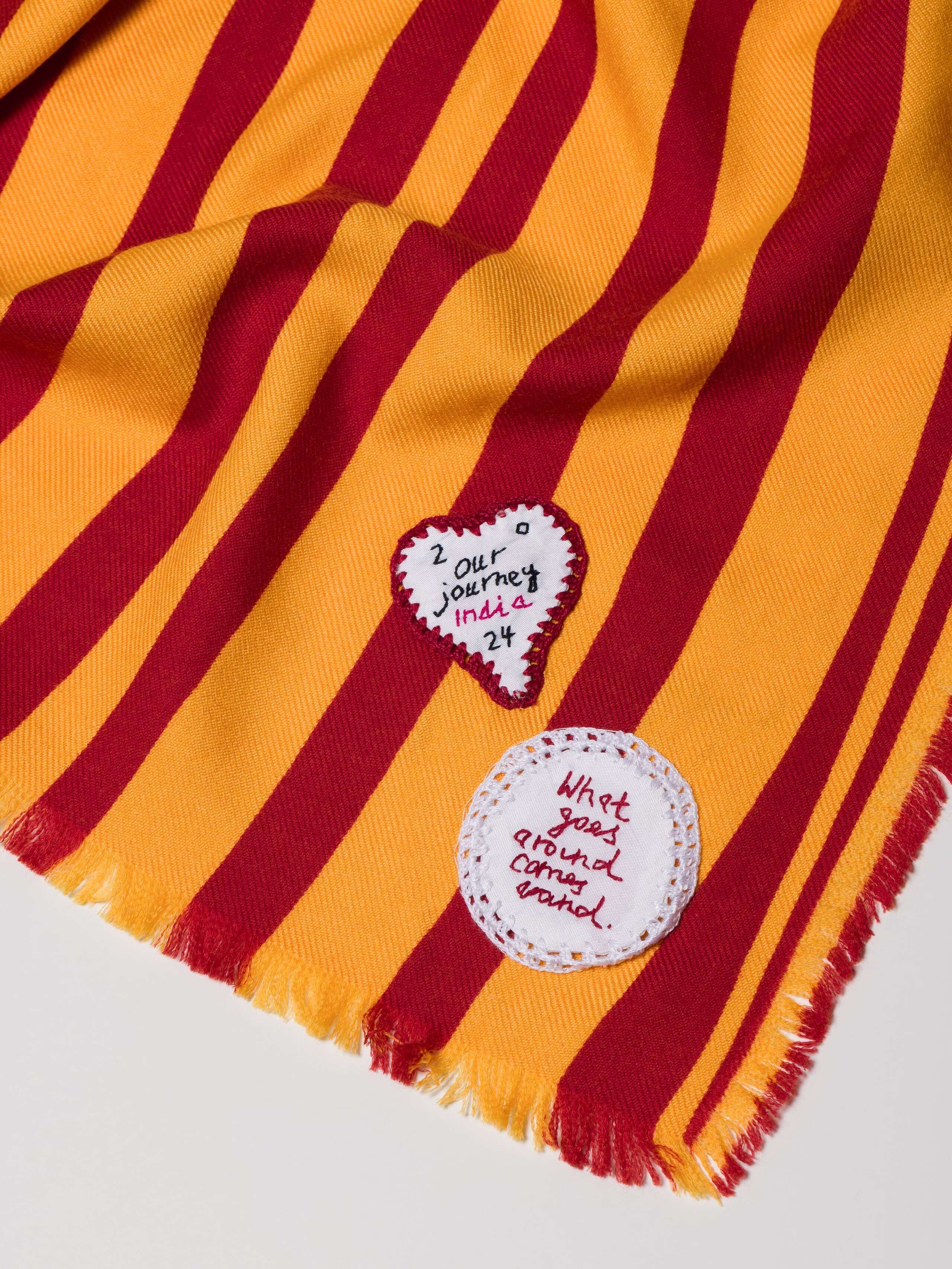 Saga foulard 65 in wool with Rust Stripes printed on gold wool foulard