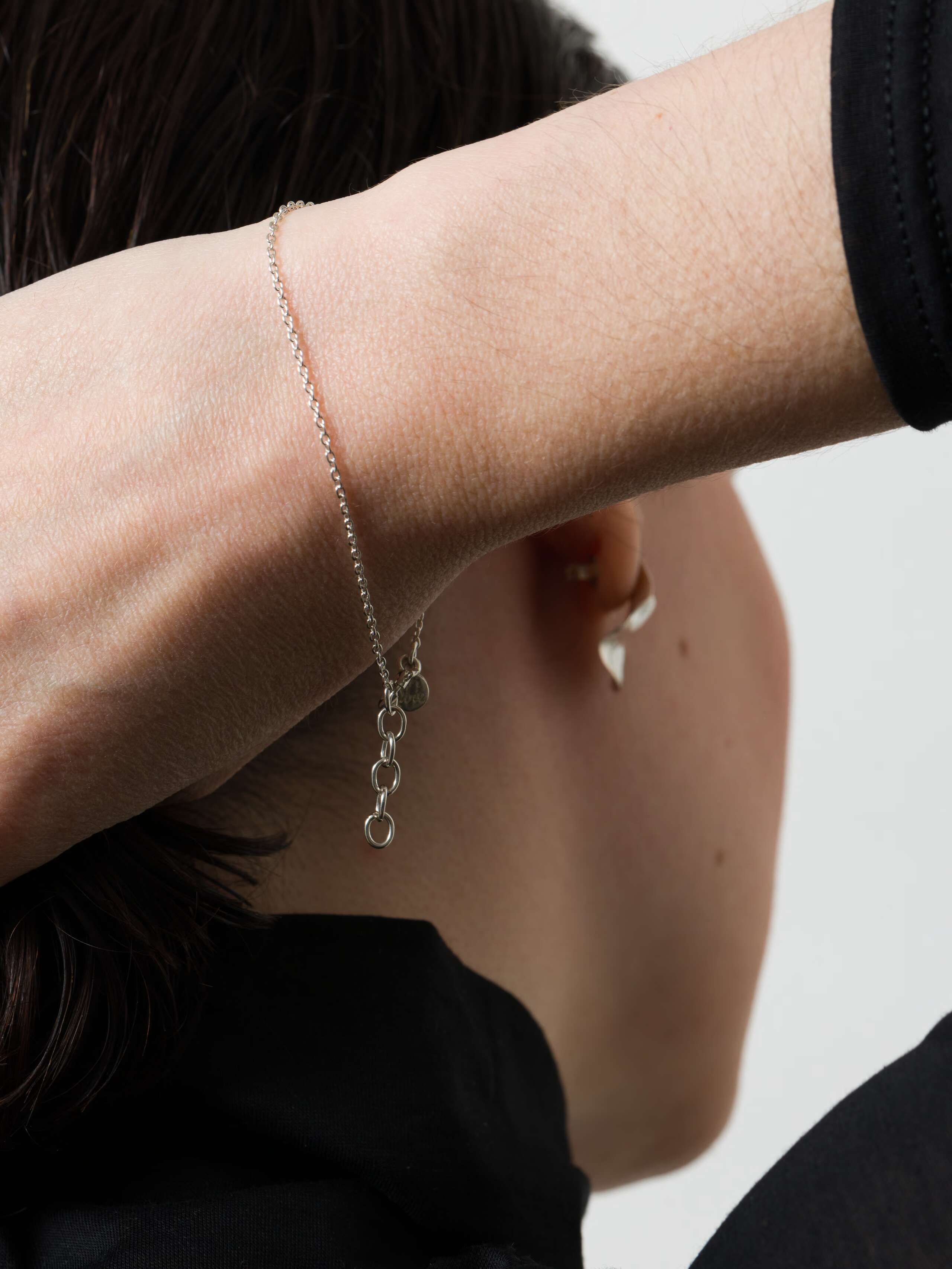 Model wearing the sterling silver marta bracelet