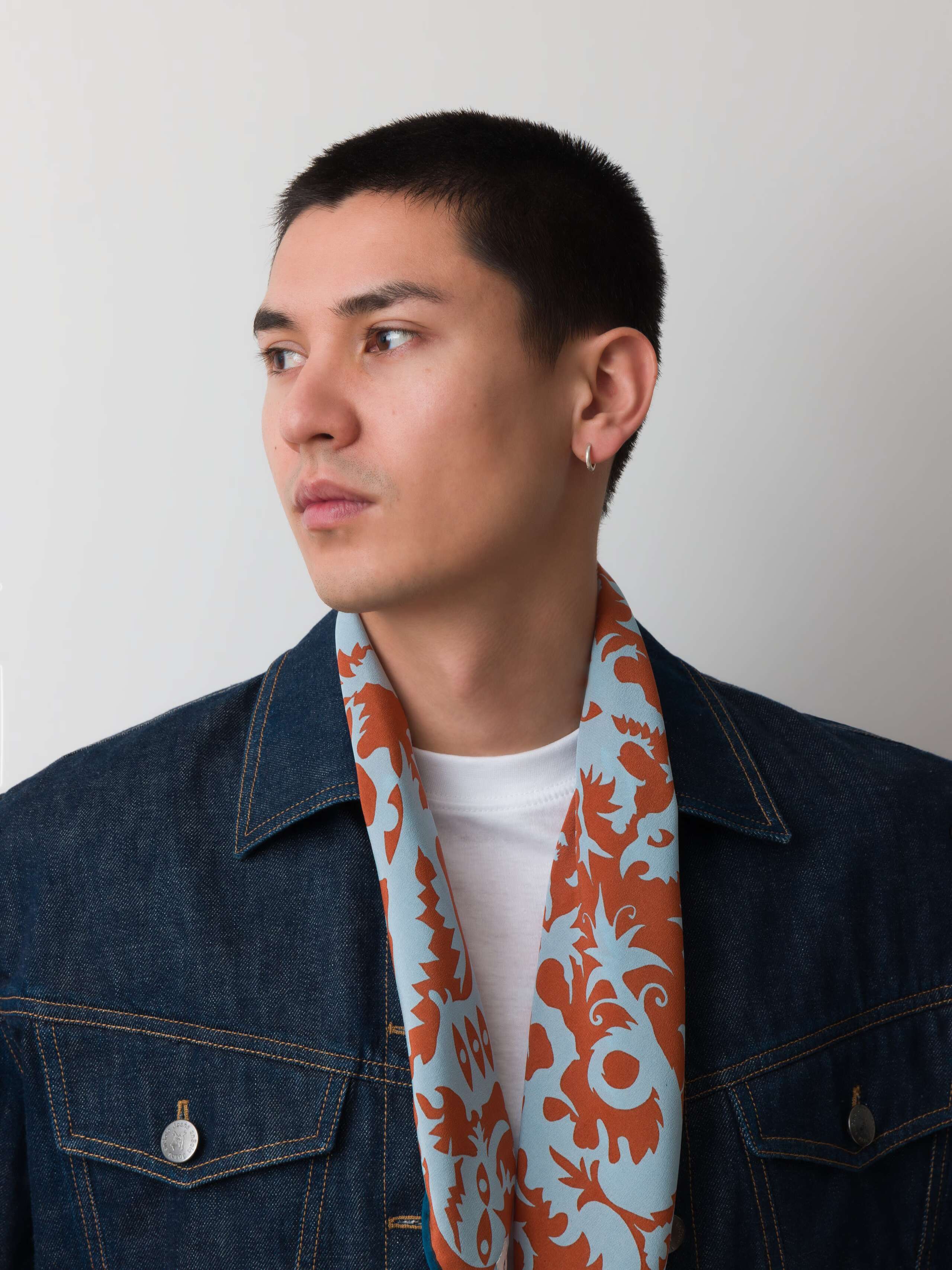 Model wearing monsterssilk foulard in blue and brown