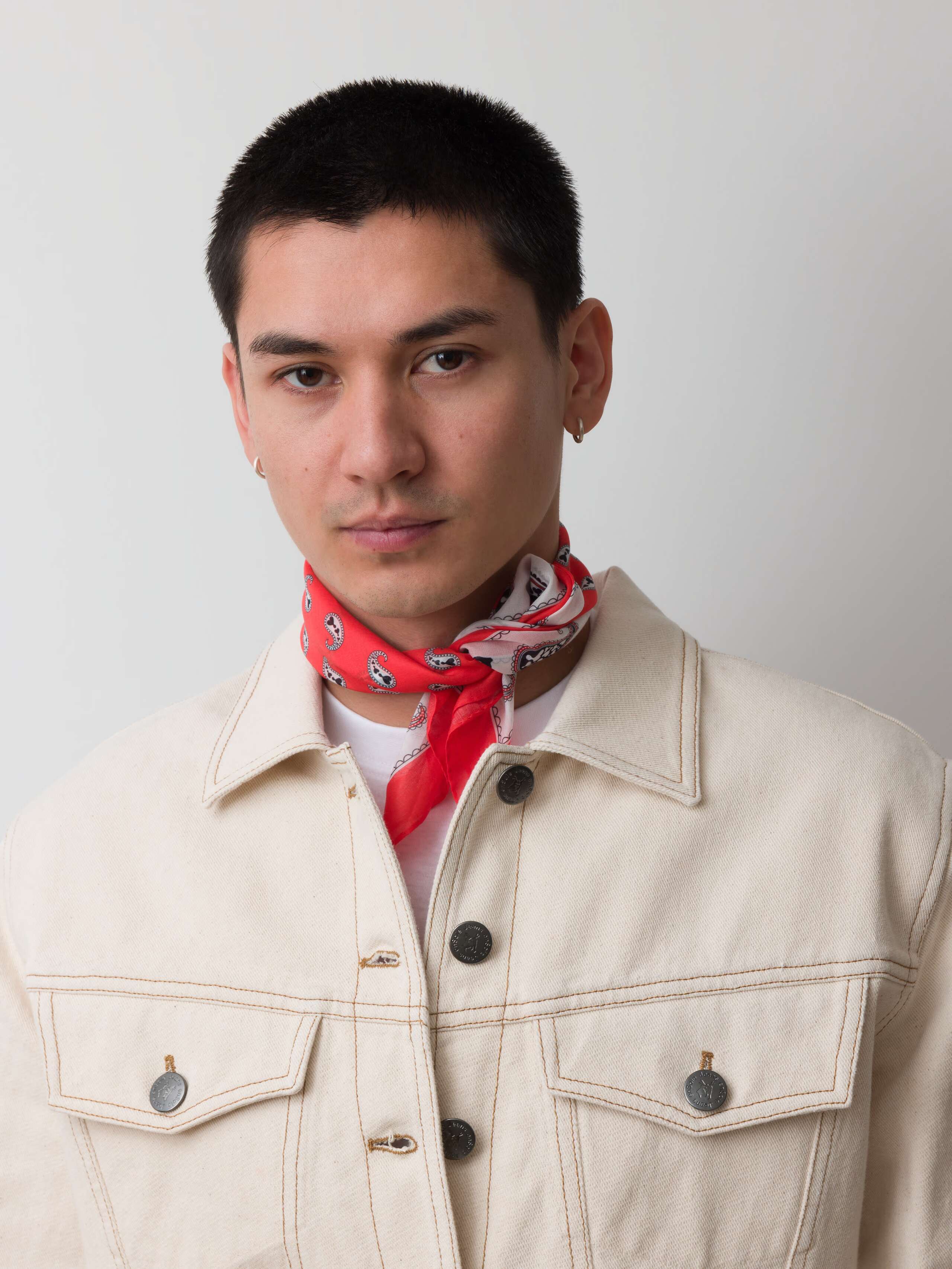 Model wearing Paisley foulard in red