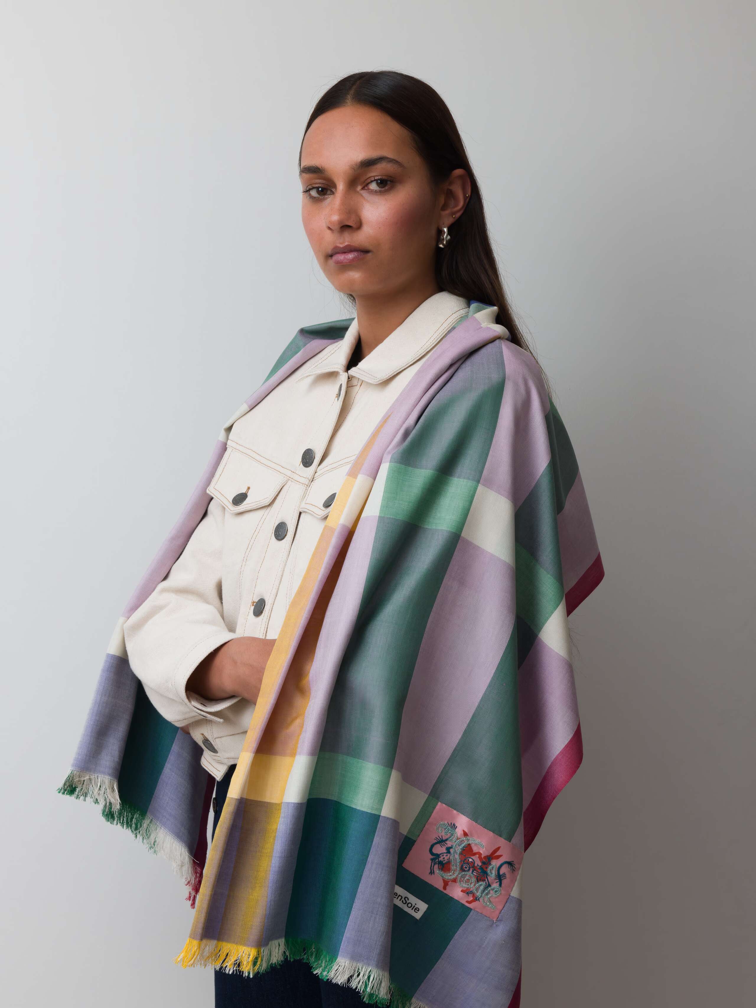 Easy breeze woven silk scarf in multi-colours lilac green yellow