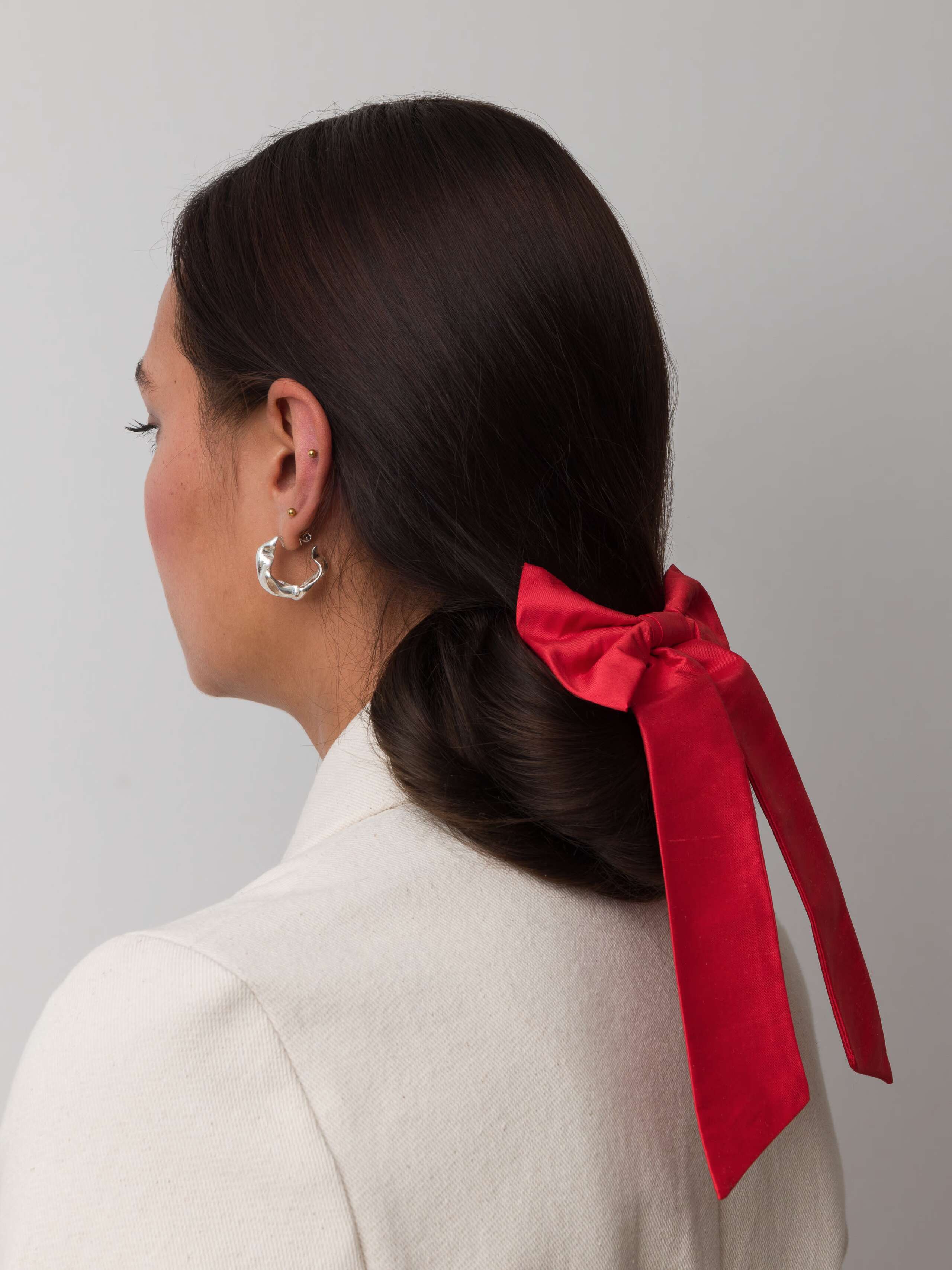 silk hairclip bow shiny doupion silk in deep red