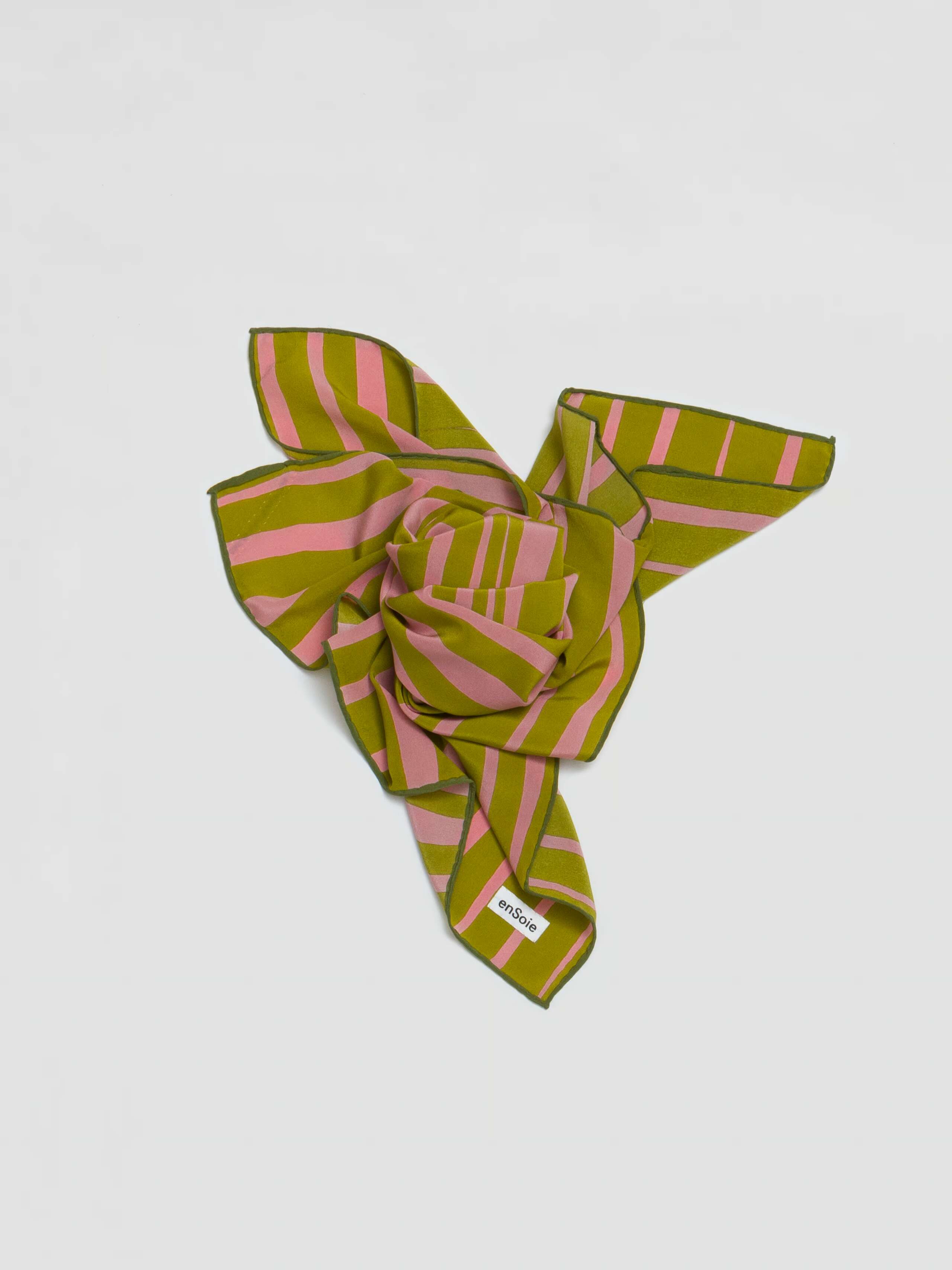 Stripes foulard printed silk in green and rose