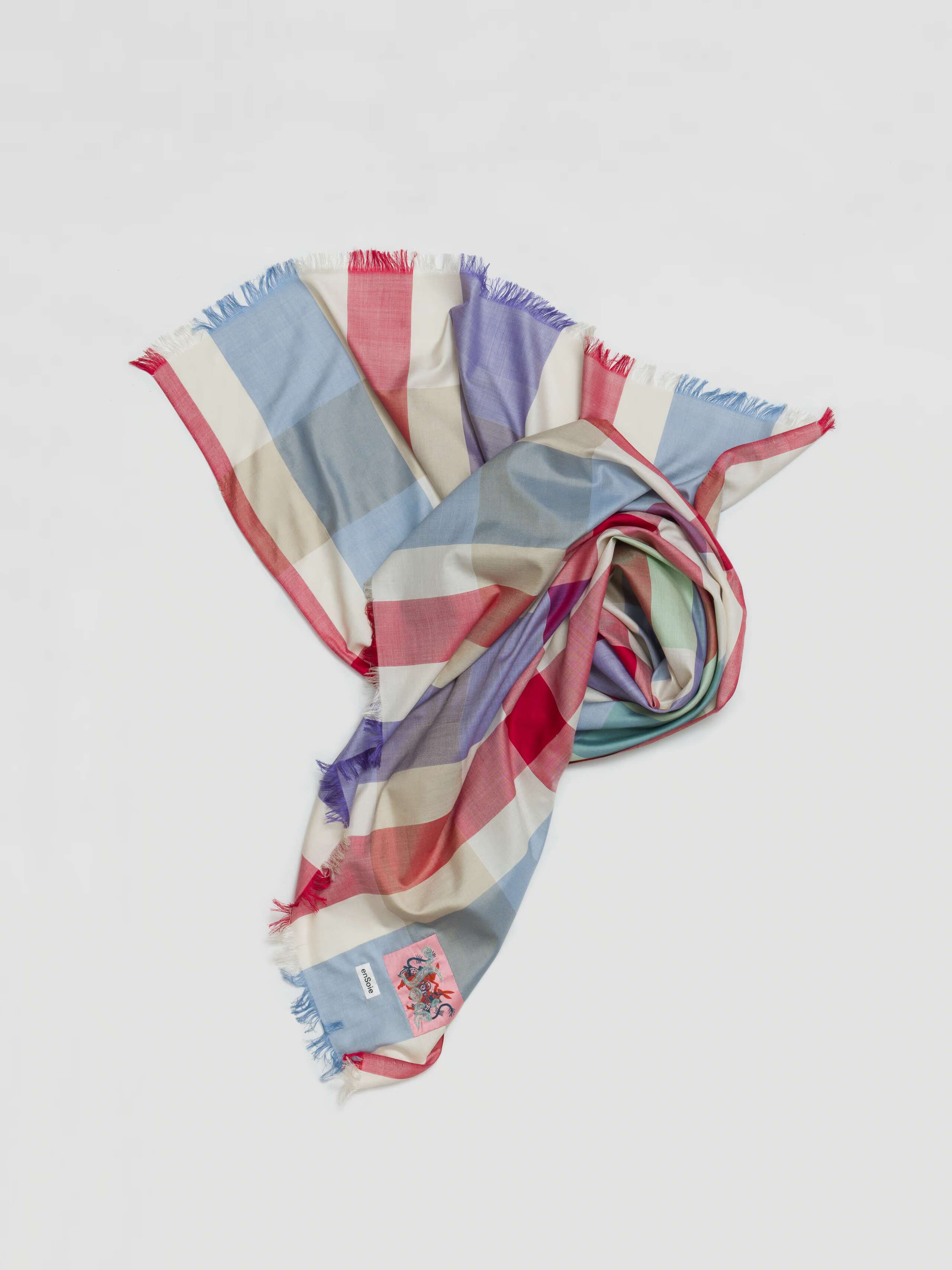 Silk woven check scarf in light colours, red, light blue, green with white base