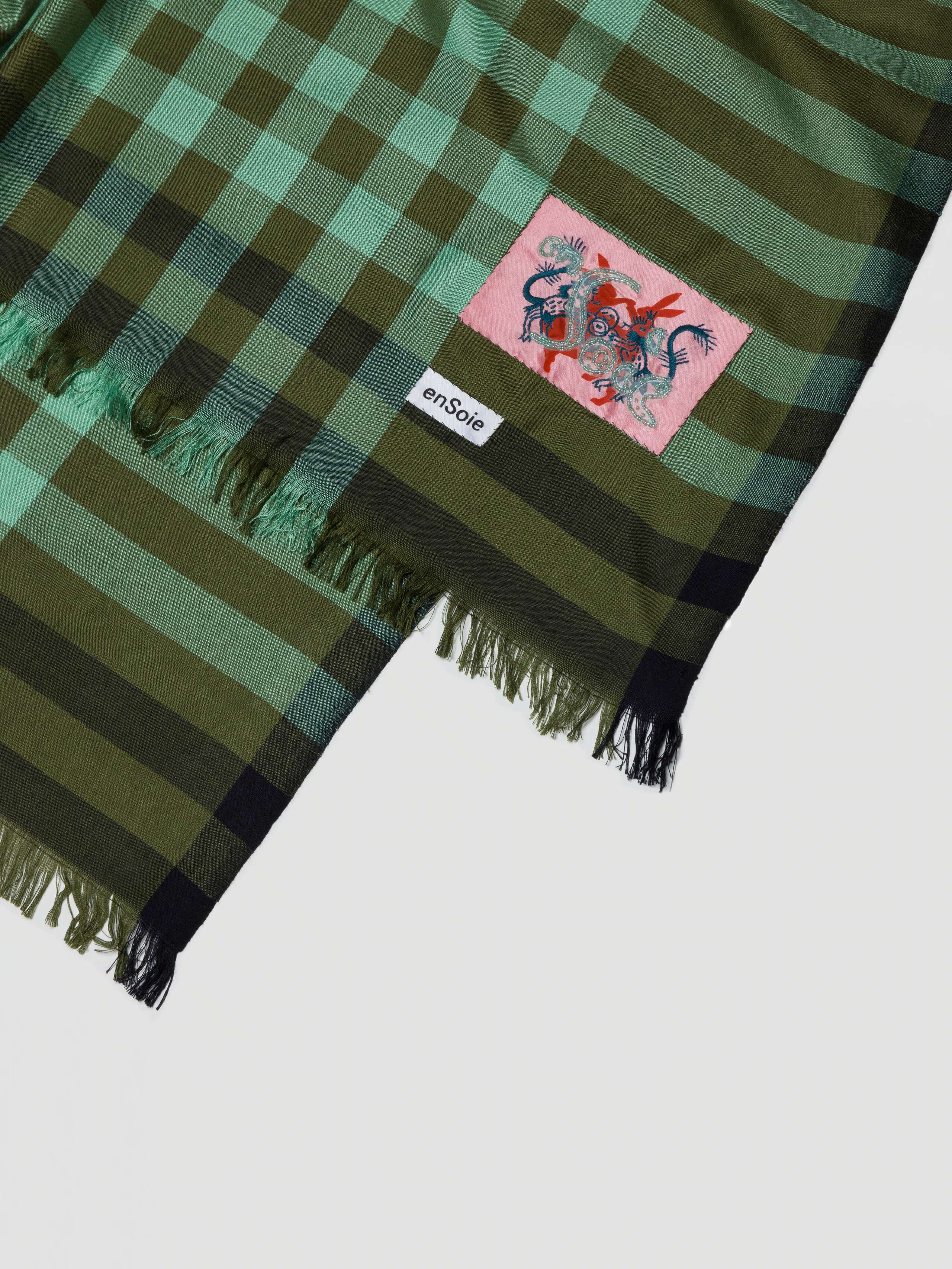 Classy Silk woven Vichy gingham check scarf in green tones