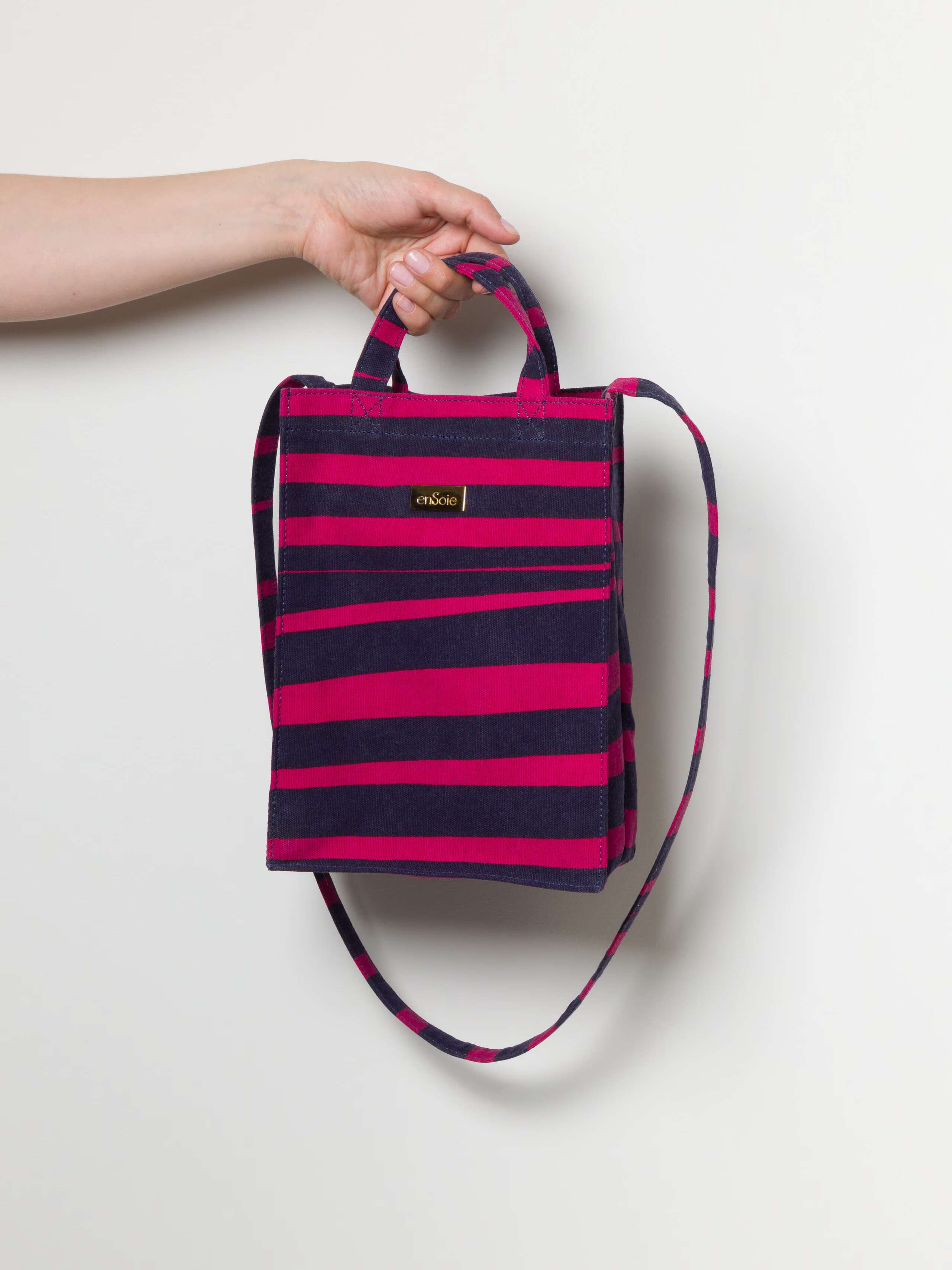 Cabas bag cotton canvas stripe print in navy and pink