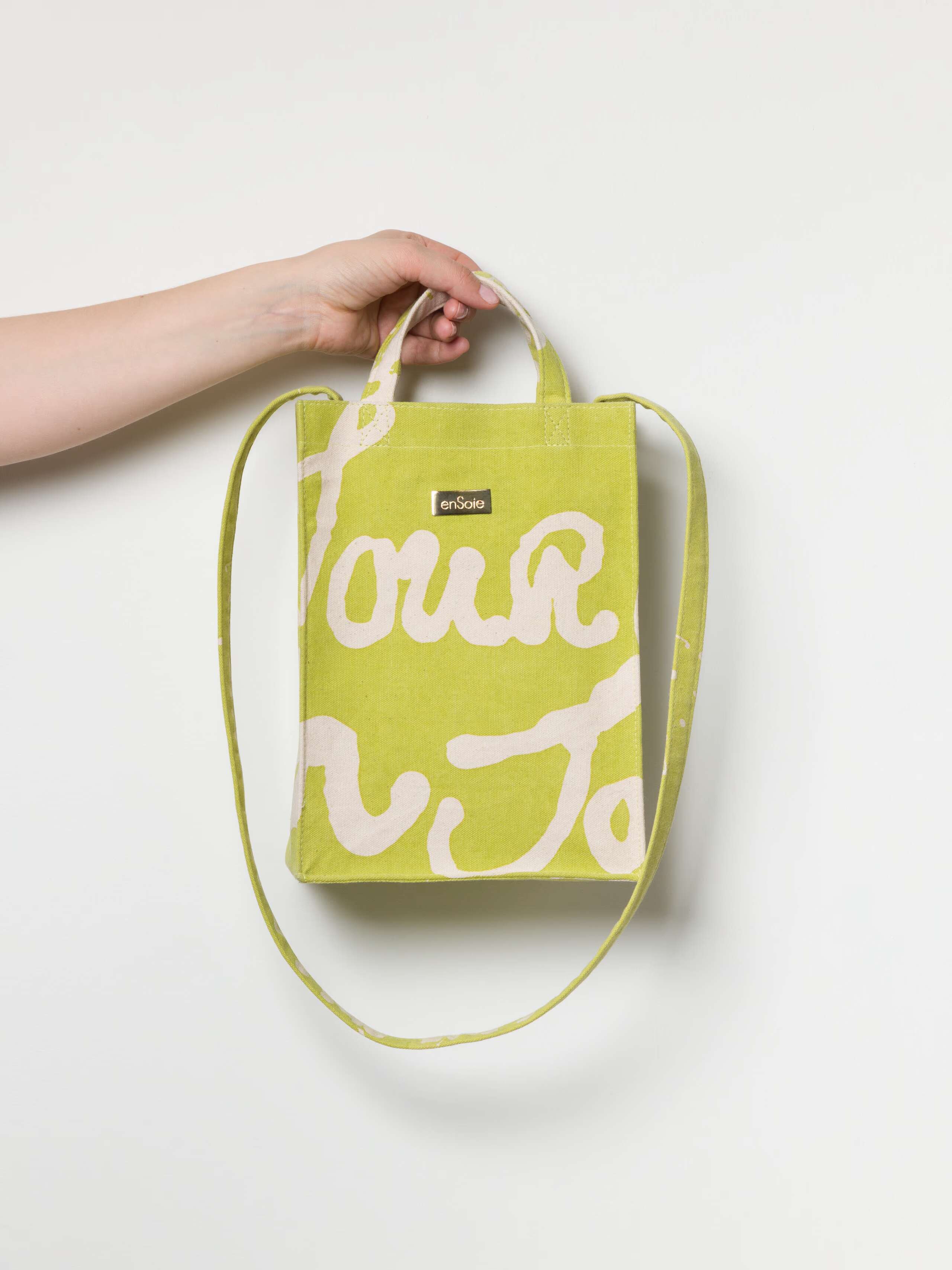 Cabas bag cotton canvas printed in light green and rose proverb print