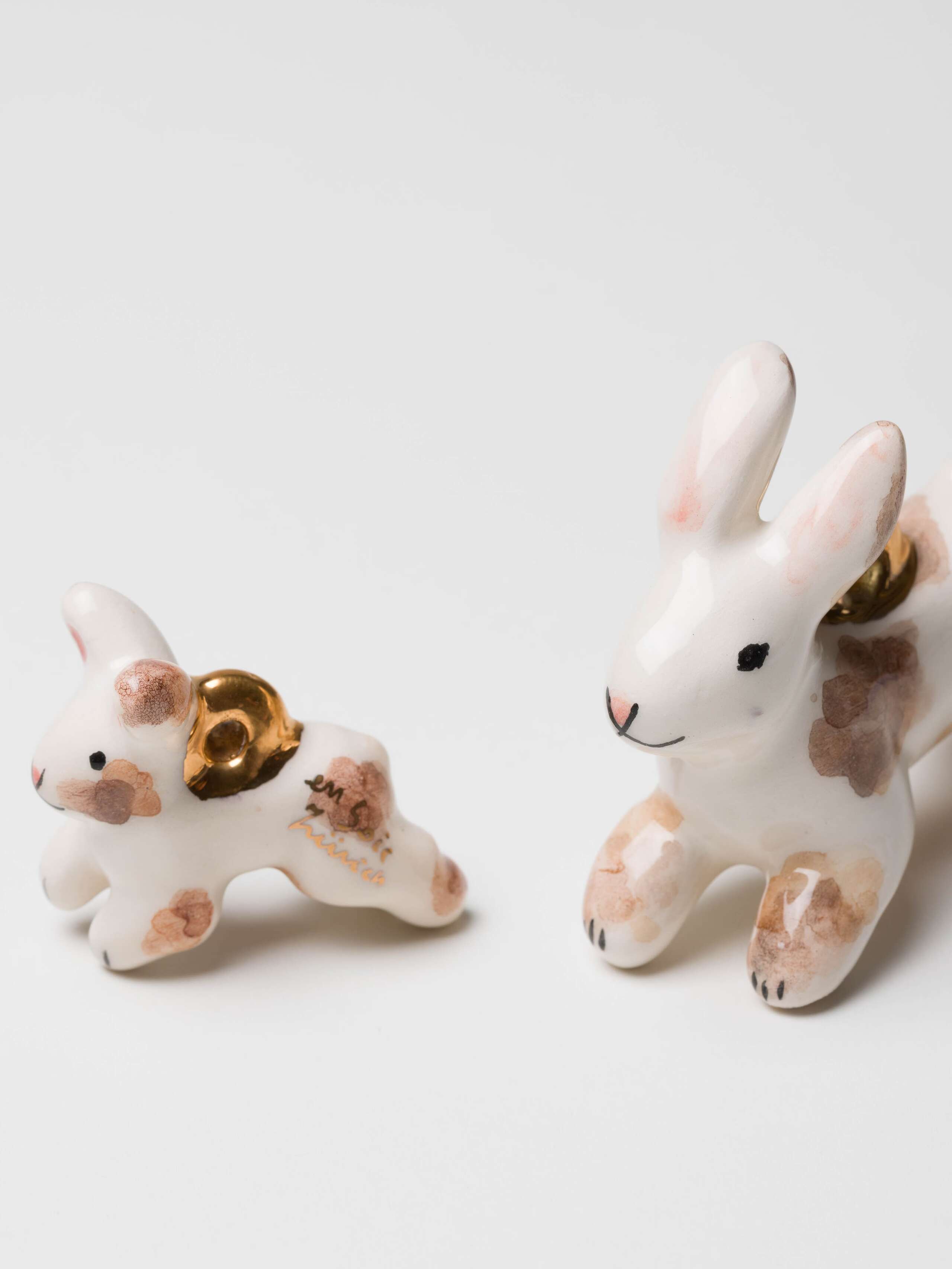 Jumping rabbit ornament in brown and grey shades handmade handpainted 