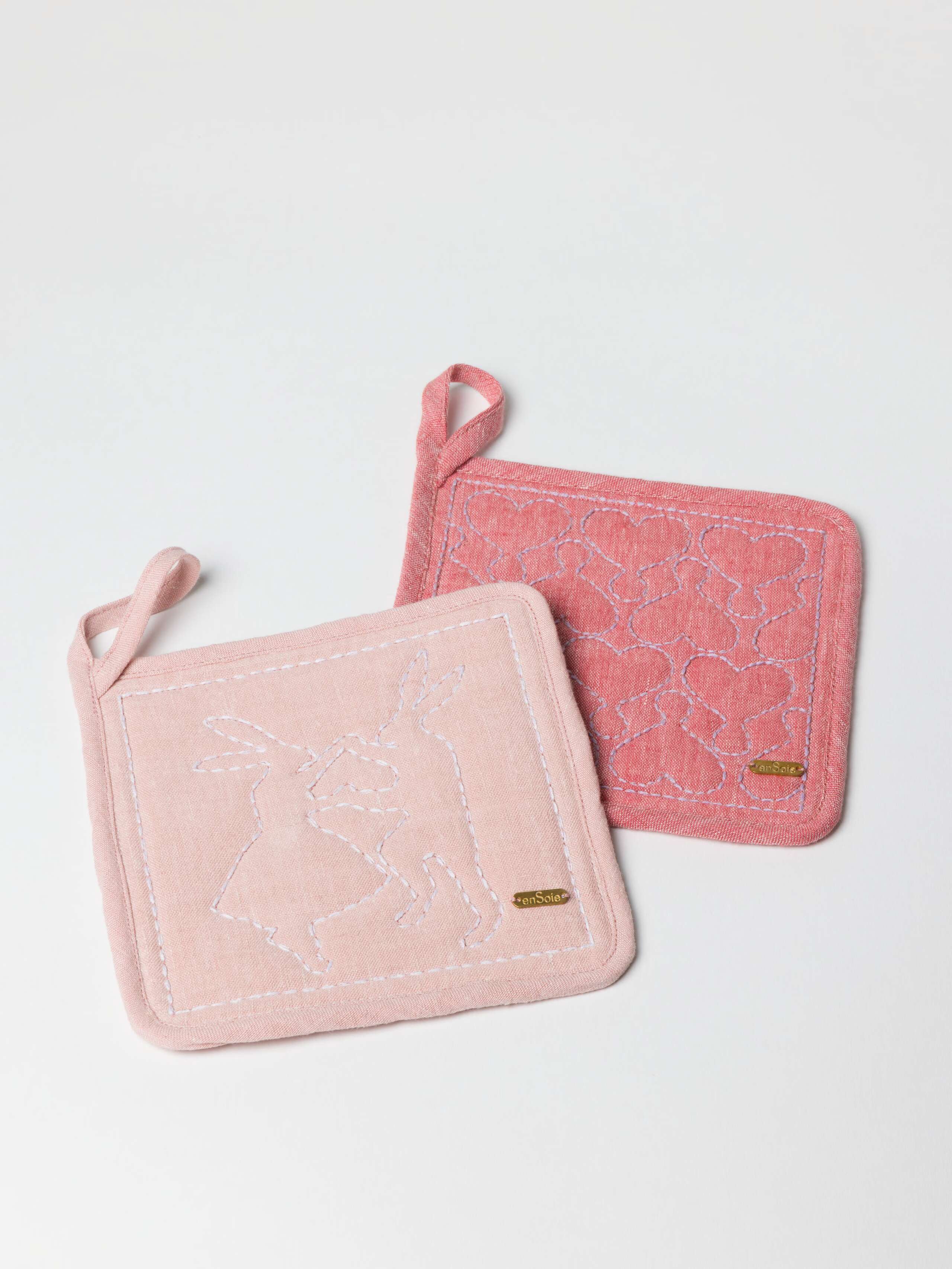 Potholders embroidered linen pink and red