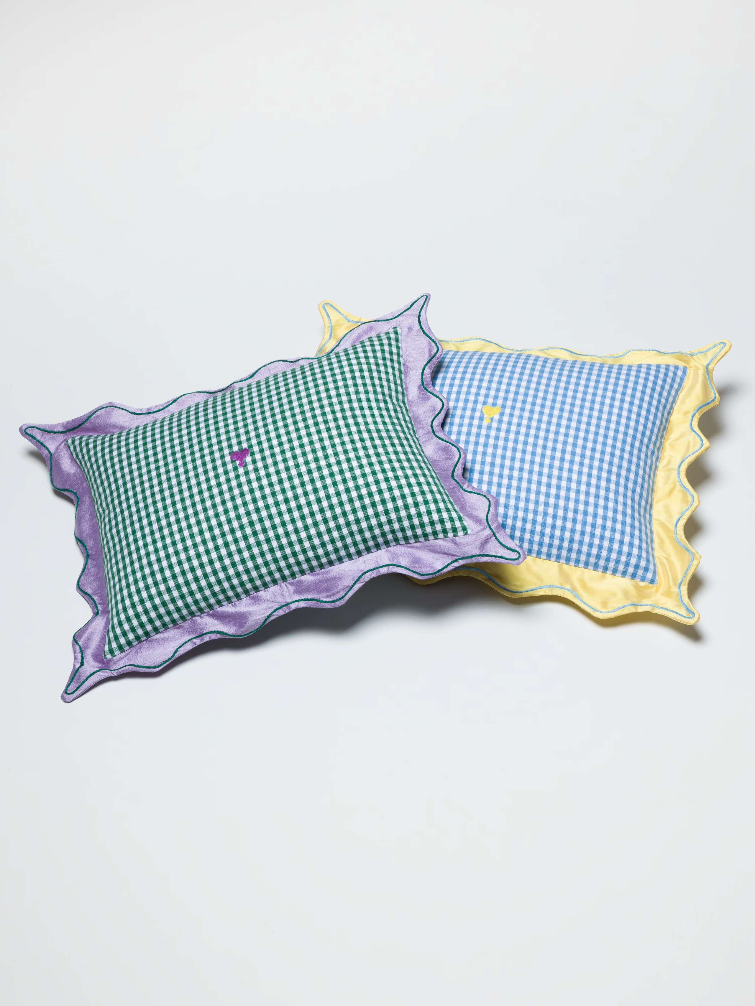 Milo pillow cover in green and cerulean blue vichy with doupion silk frame