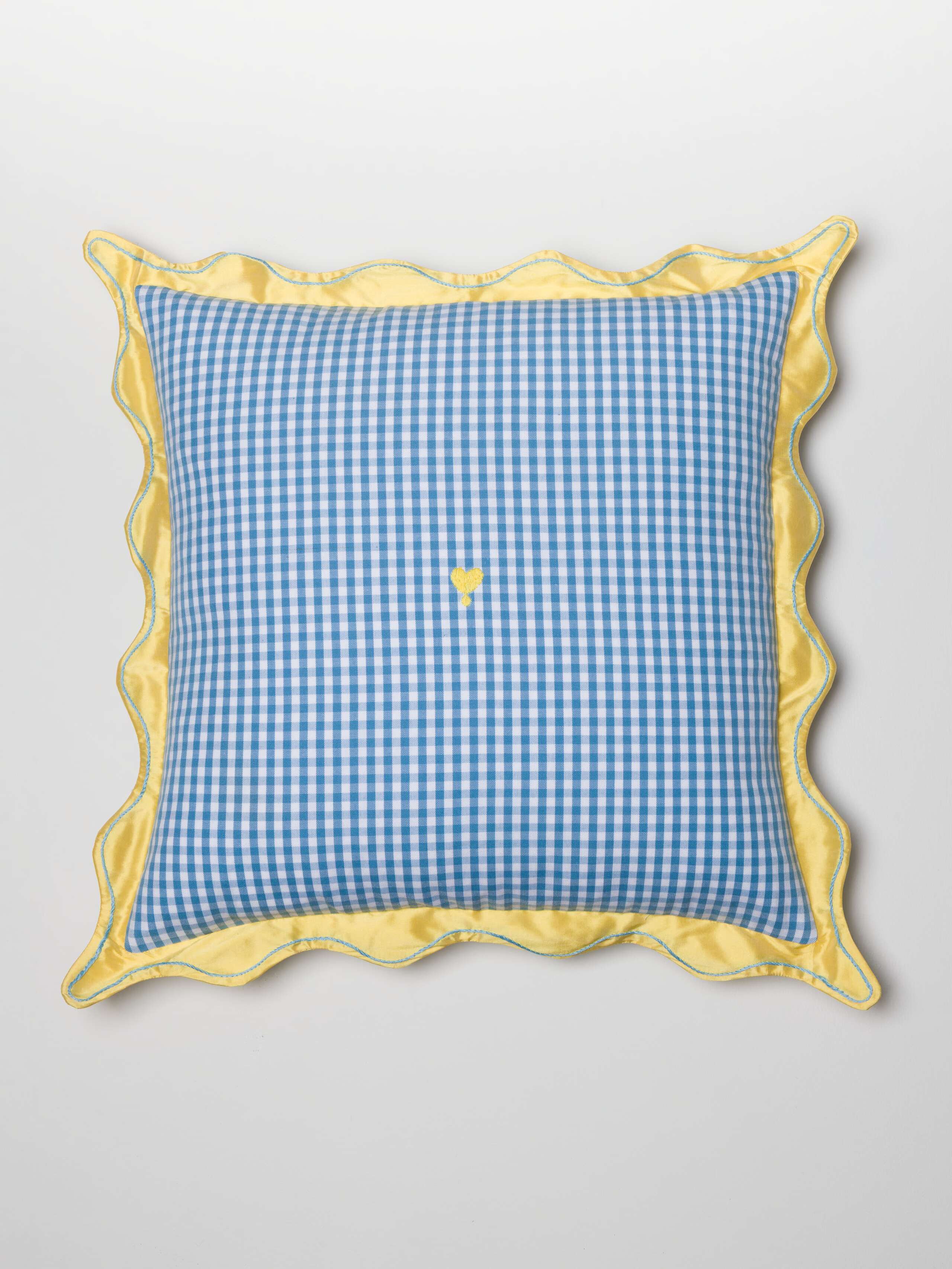 Mila pillow cover with doupion silk frame in vichy light blue and green