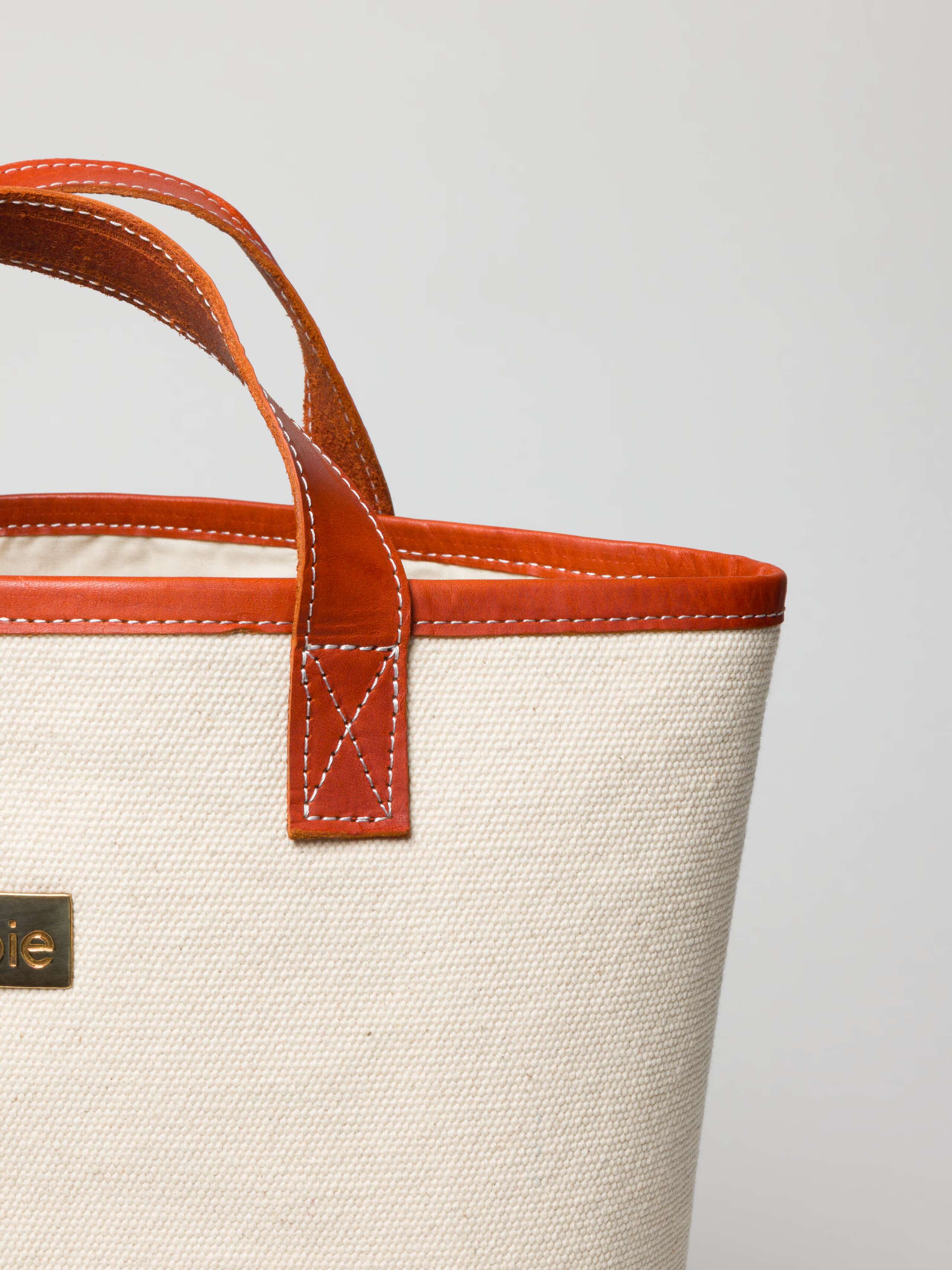 Chiara bag in canvas and leather brown and white with brass tag in two sizes shopper bag 
