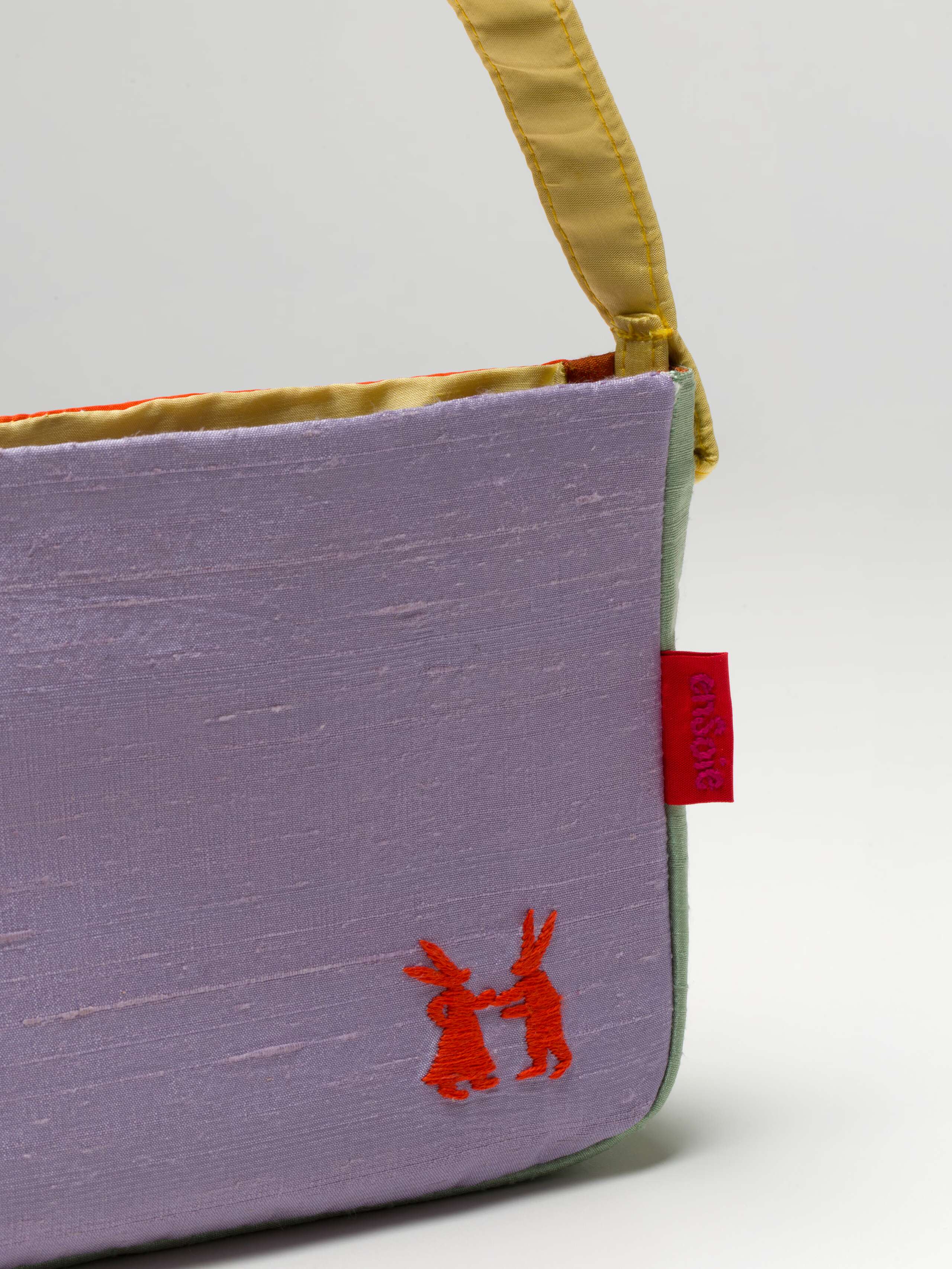 Pam bag in doupion colour block bright colours yellow green and orange lilac