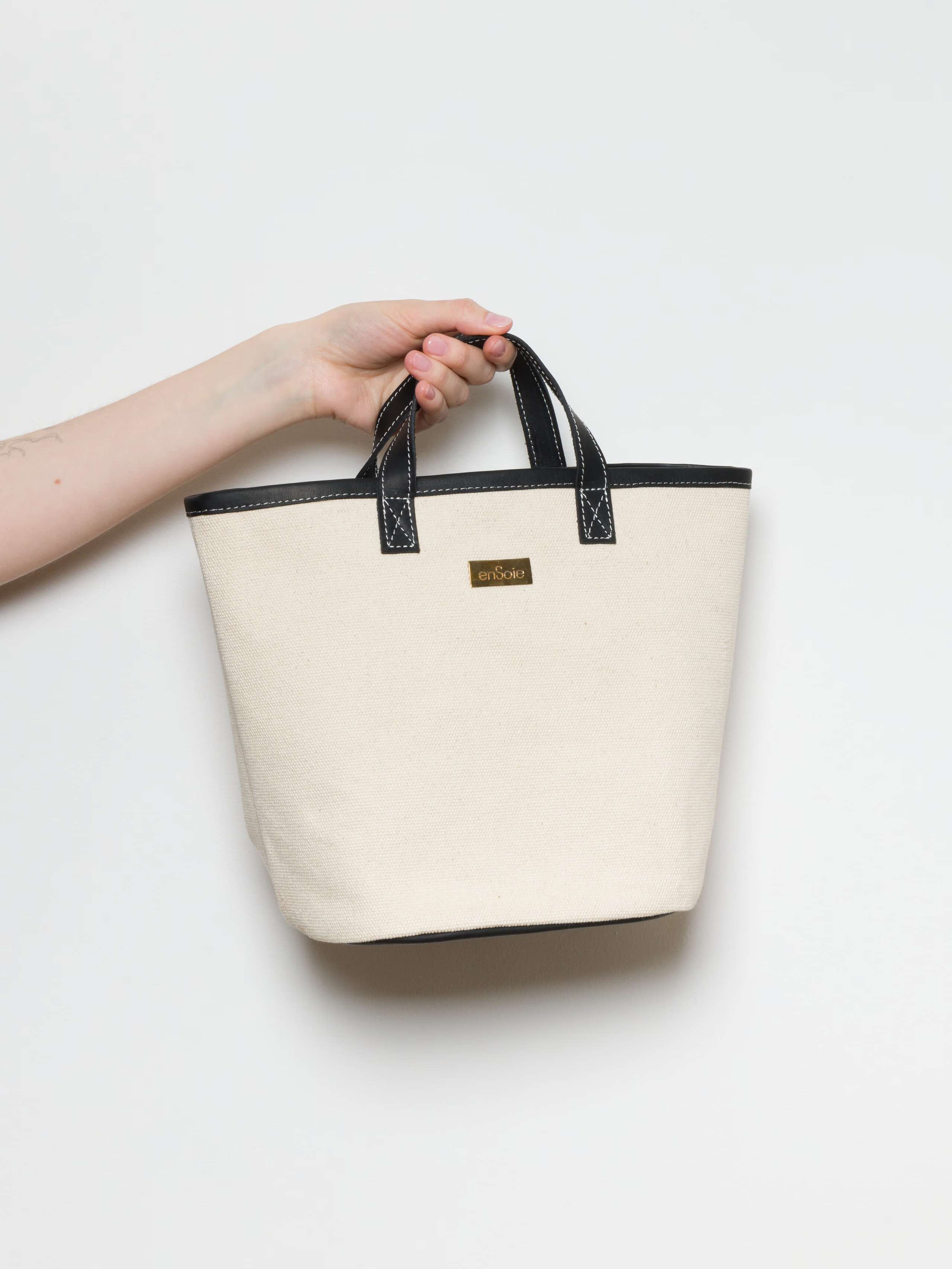 Chiara bag in canvas and leather black and white with brass tag in two sizes shopper bag 