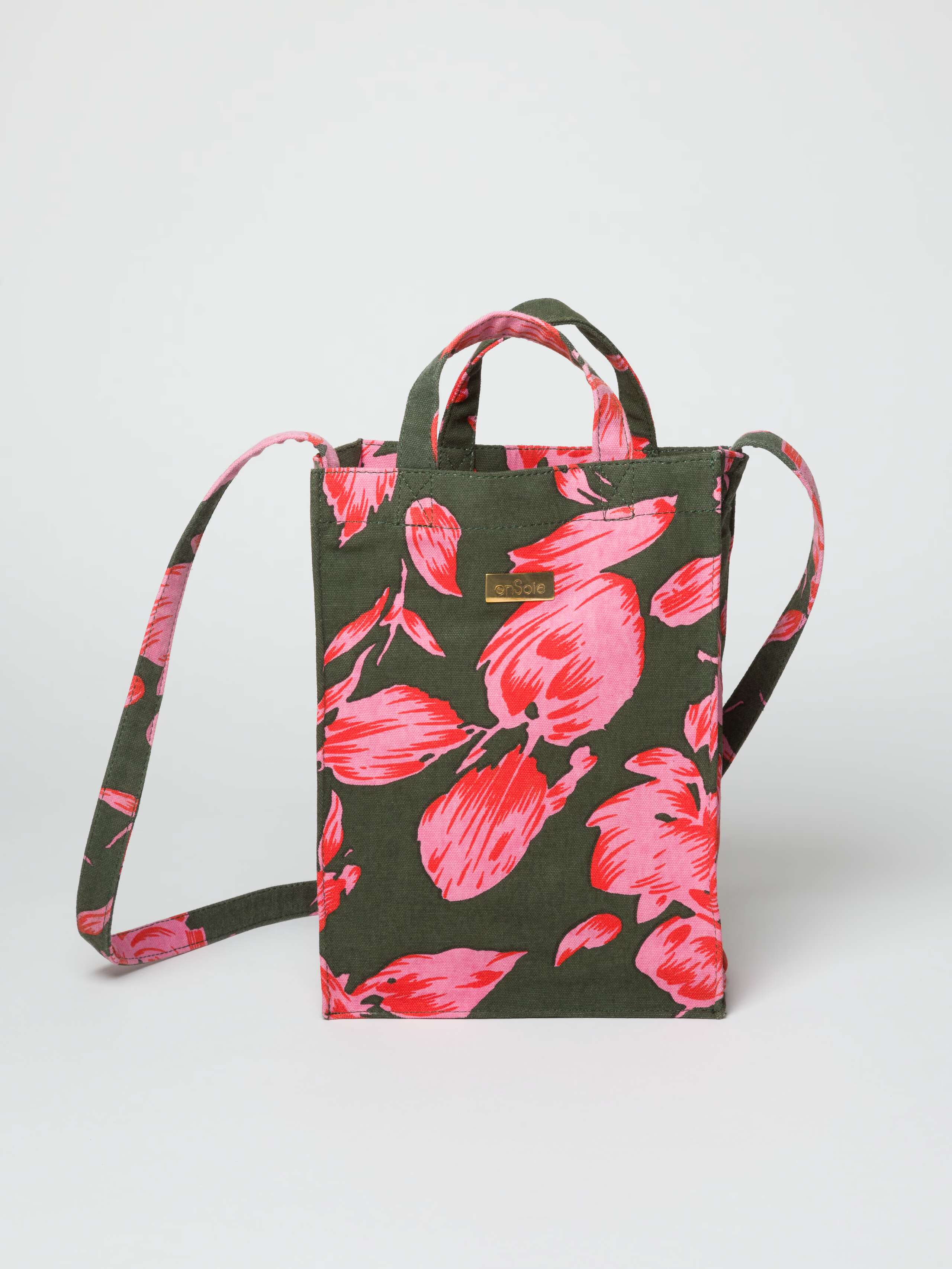 Cabas shopper bag printed with flower print in khaki and orange in two sizes