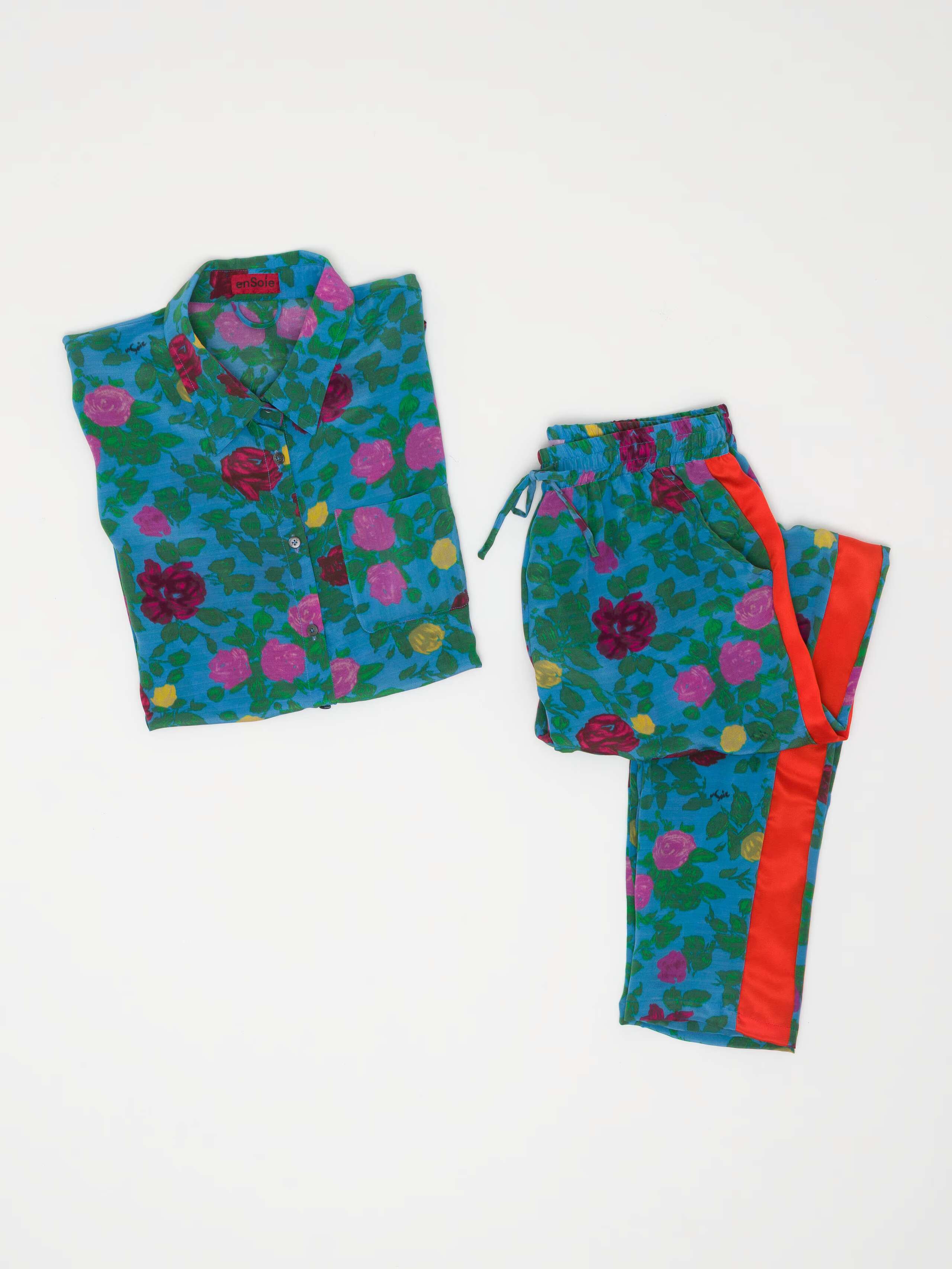 Jetlag tracksuit set in silk one-of-a-kind in rose print multi colour emerald green print combination