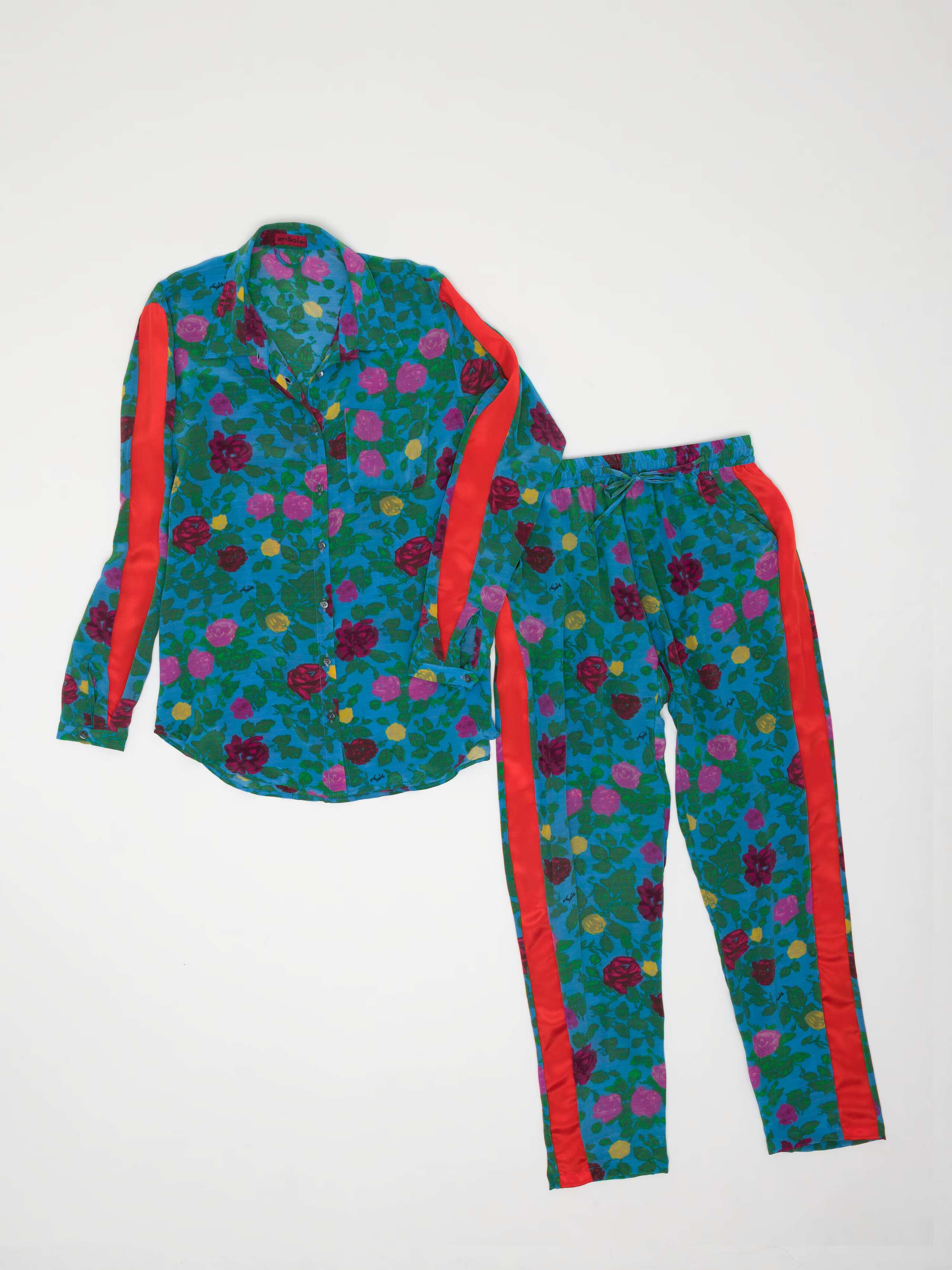 Jetlag tracksuit set in silk one-of-a-kind in rose print multi colour emerald green print combination