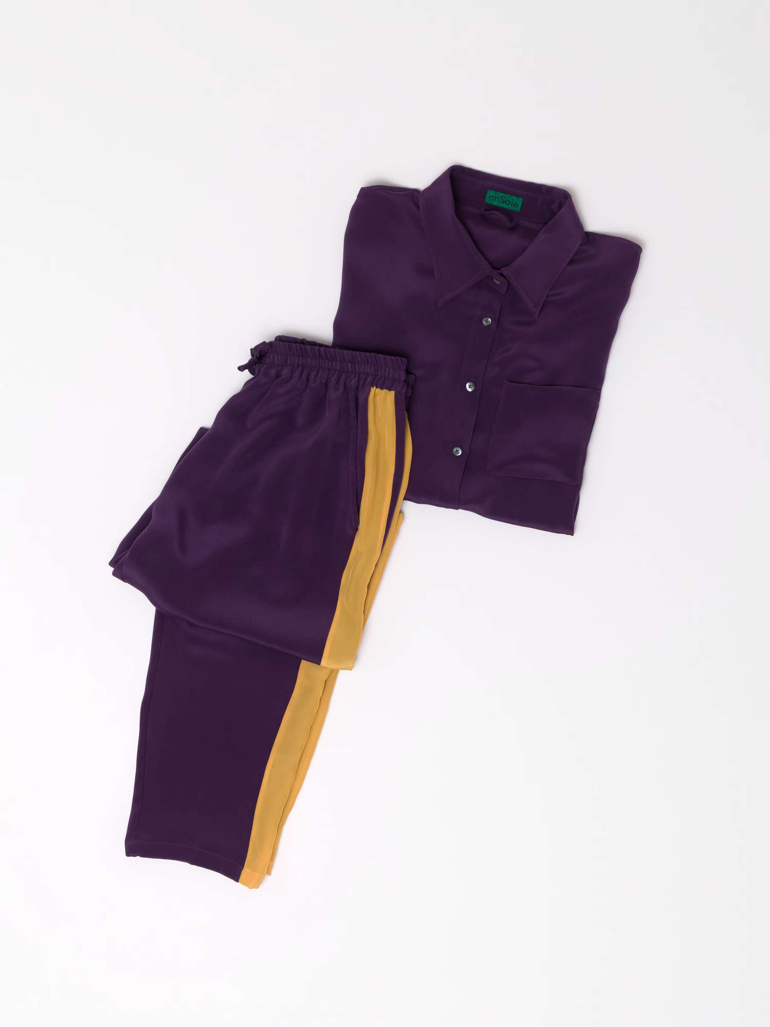 Jetlag two piece set tracksuit in one-of a kind silk purple with yellow