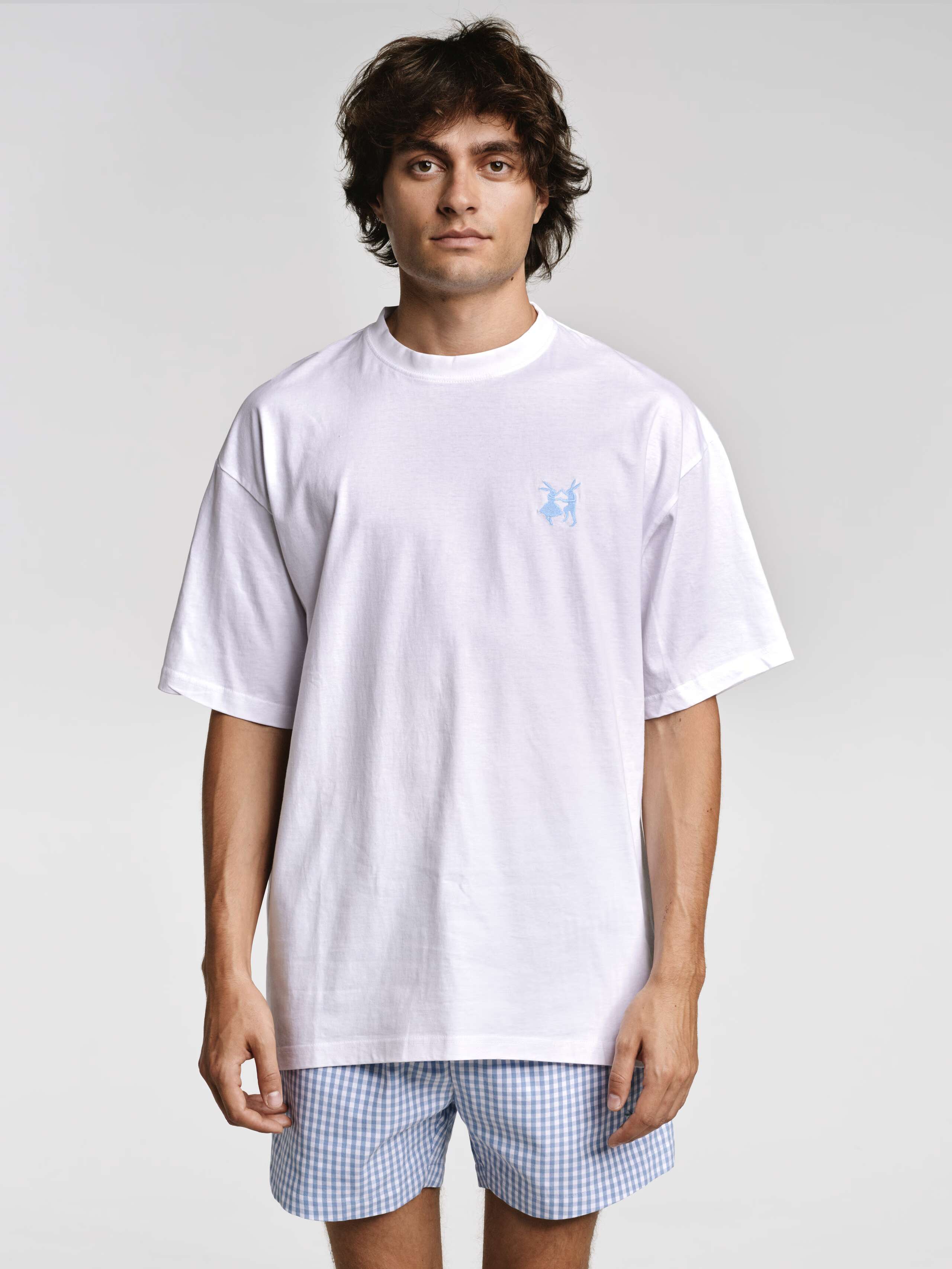 Model wearing Shirt rabbit logo light blue