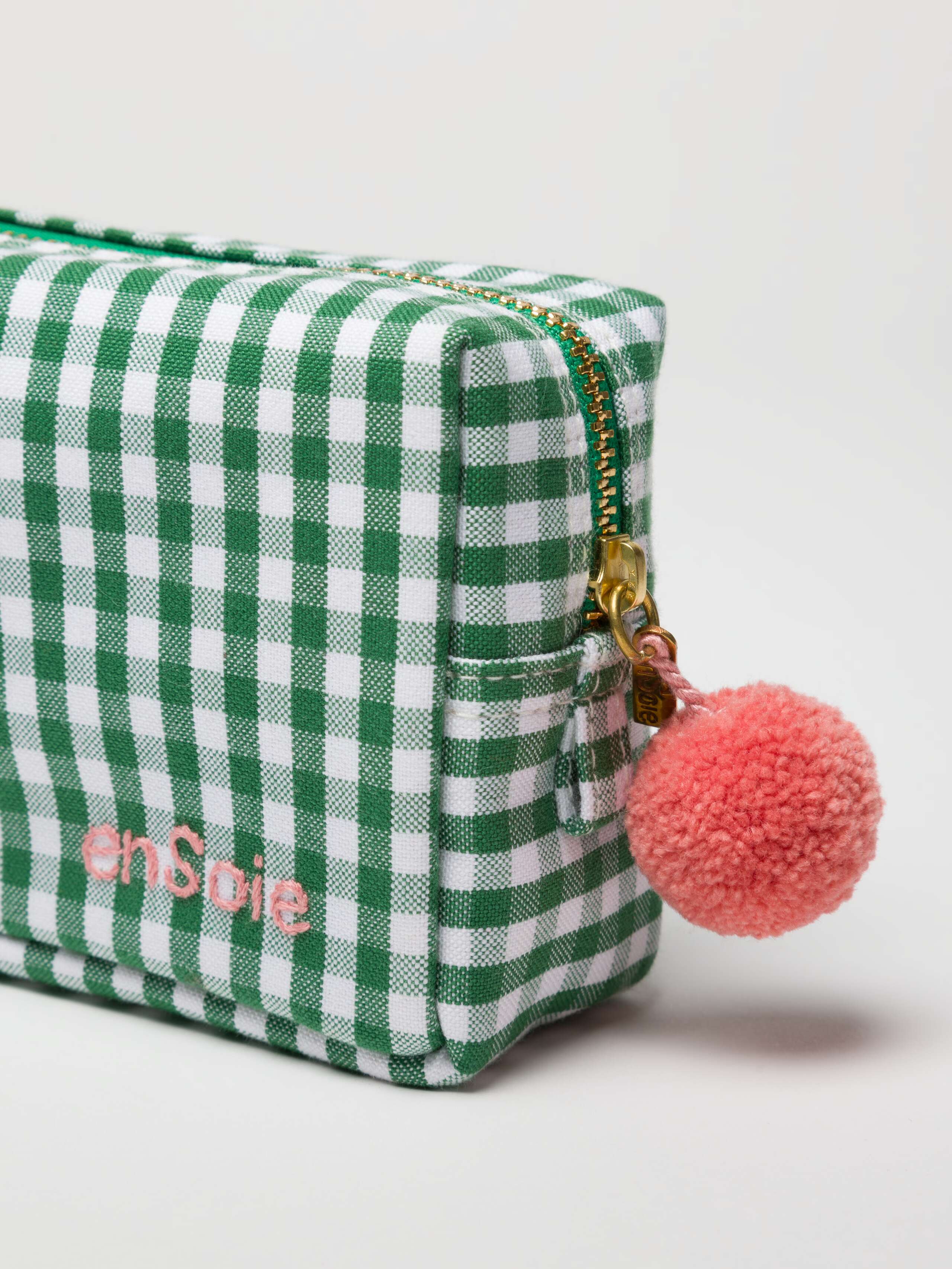 Linda Toiletry bag in Linden Green vichy with old rose pompon