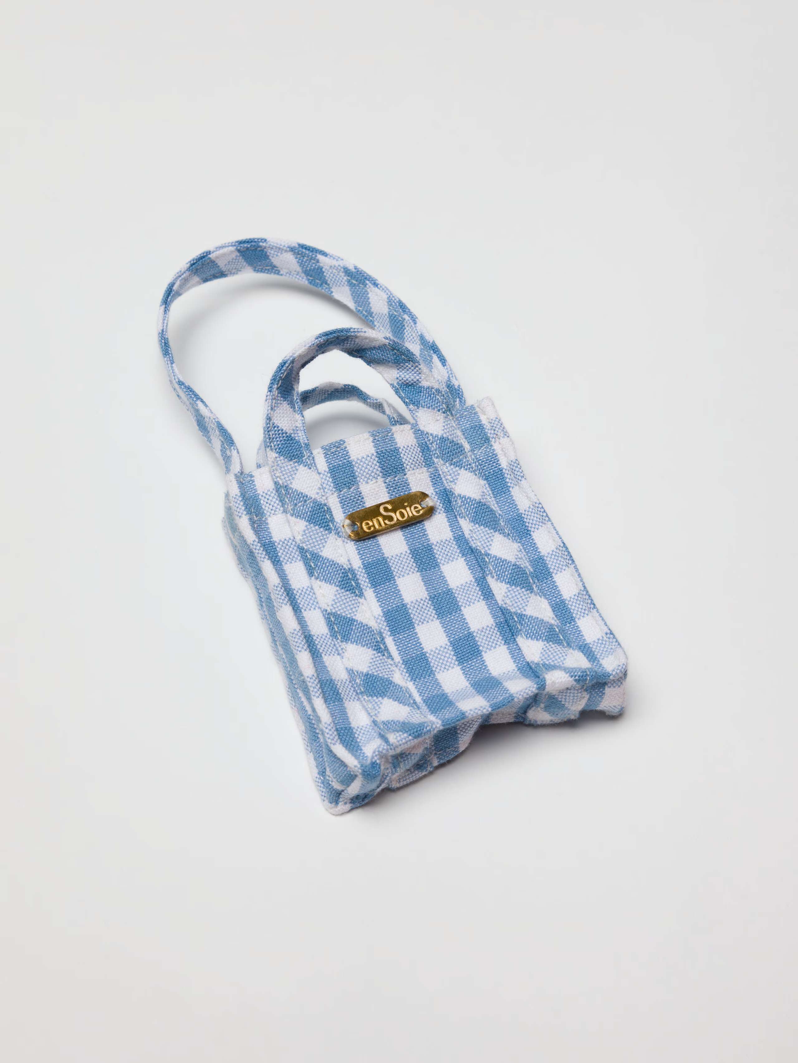 Fancy miniature Cabas charm for bag or keychain in light blue cotton vichy