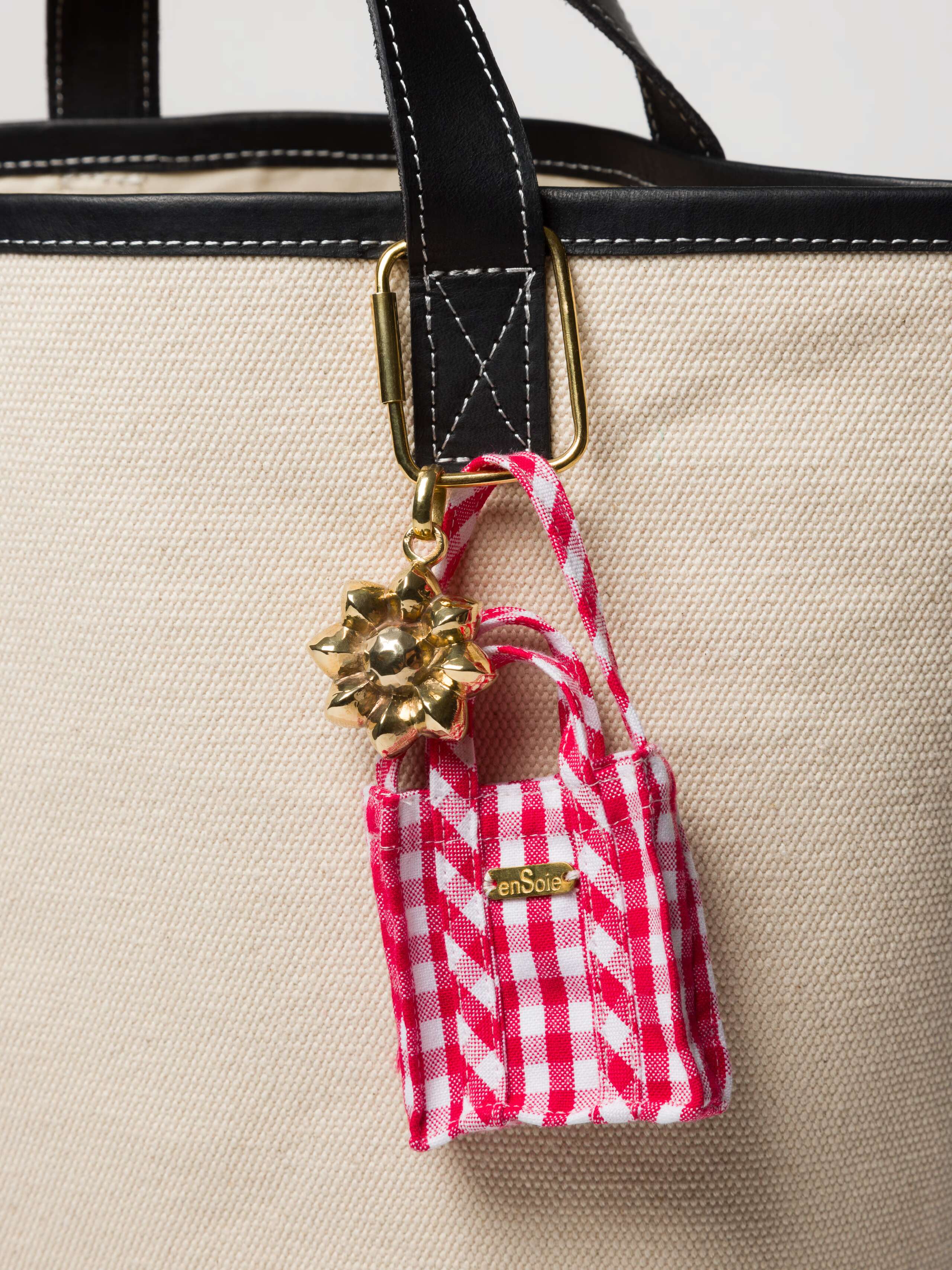 Fancy miniature Cabas charm for bag or keychain in red cotton vichy