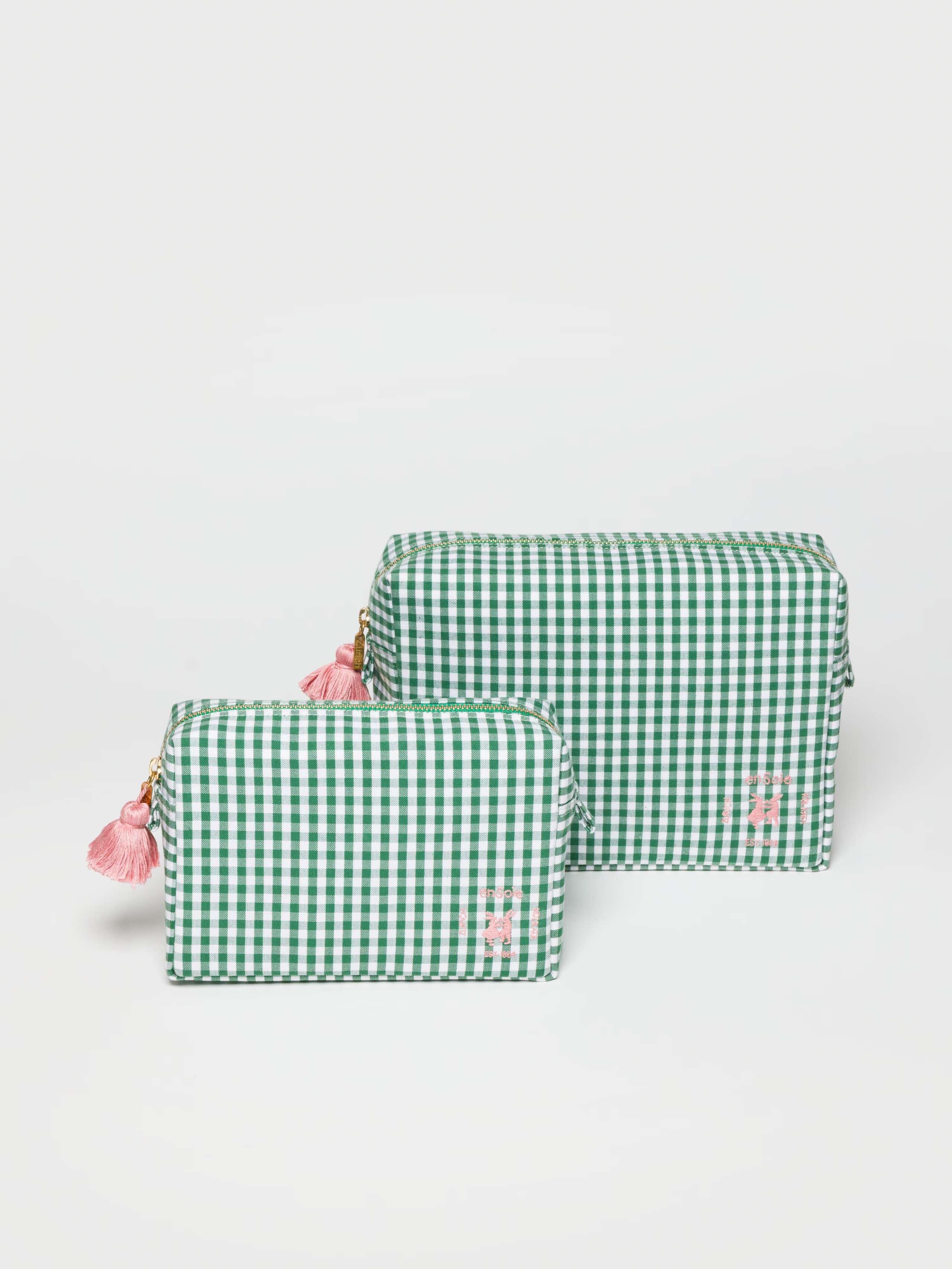 Tilda Toiletry Bag in linden green vichy, size small and large