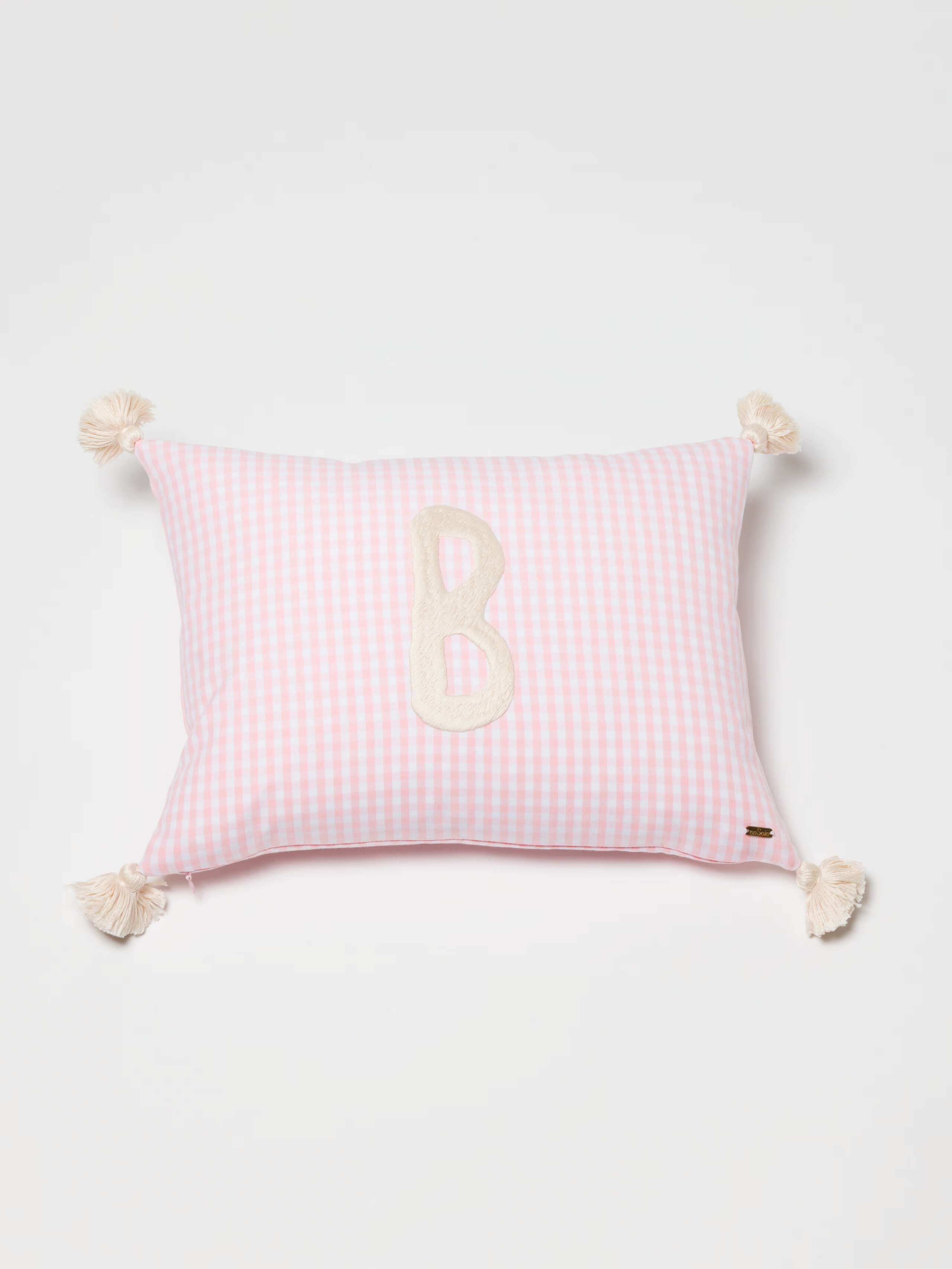 Alphabet Pillow in Candy Pink Vichy, letter B