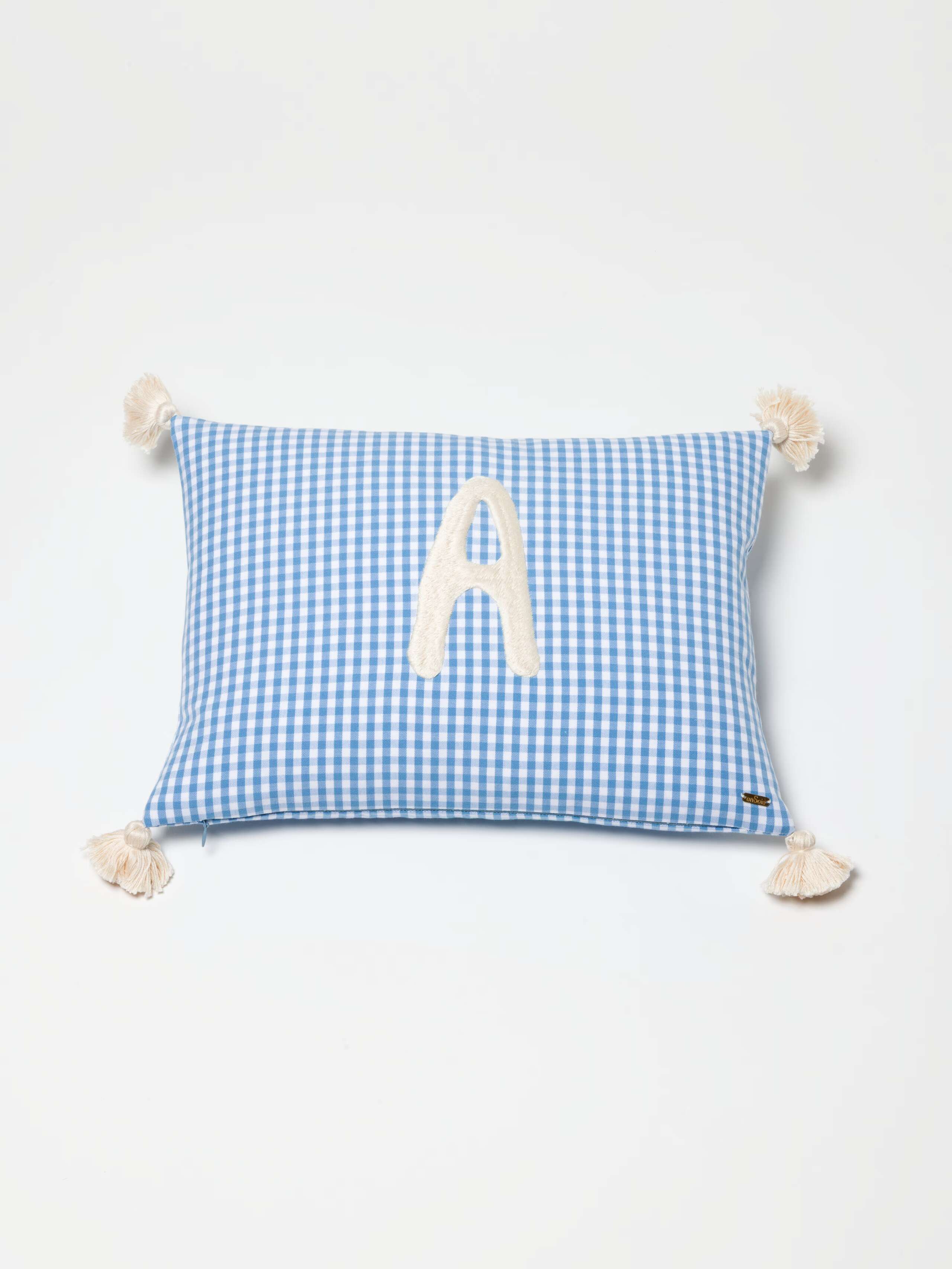 Alphabet Pillow in cerulean blue. Letter A