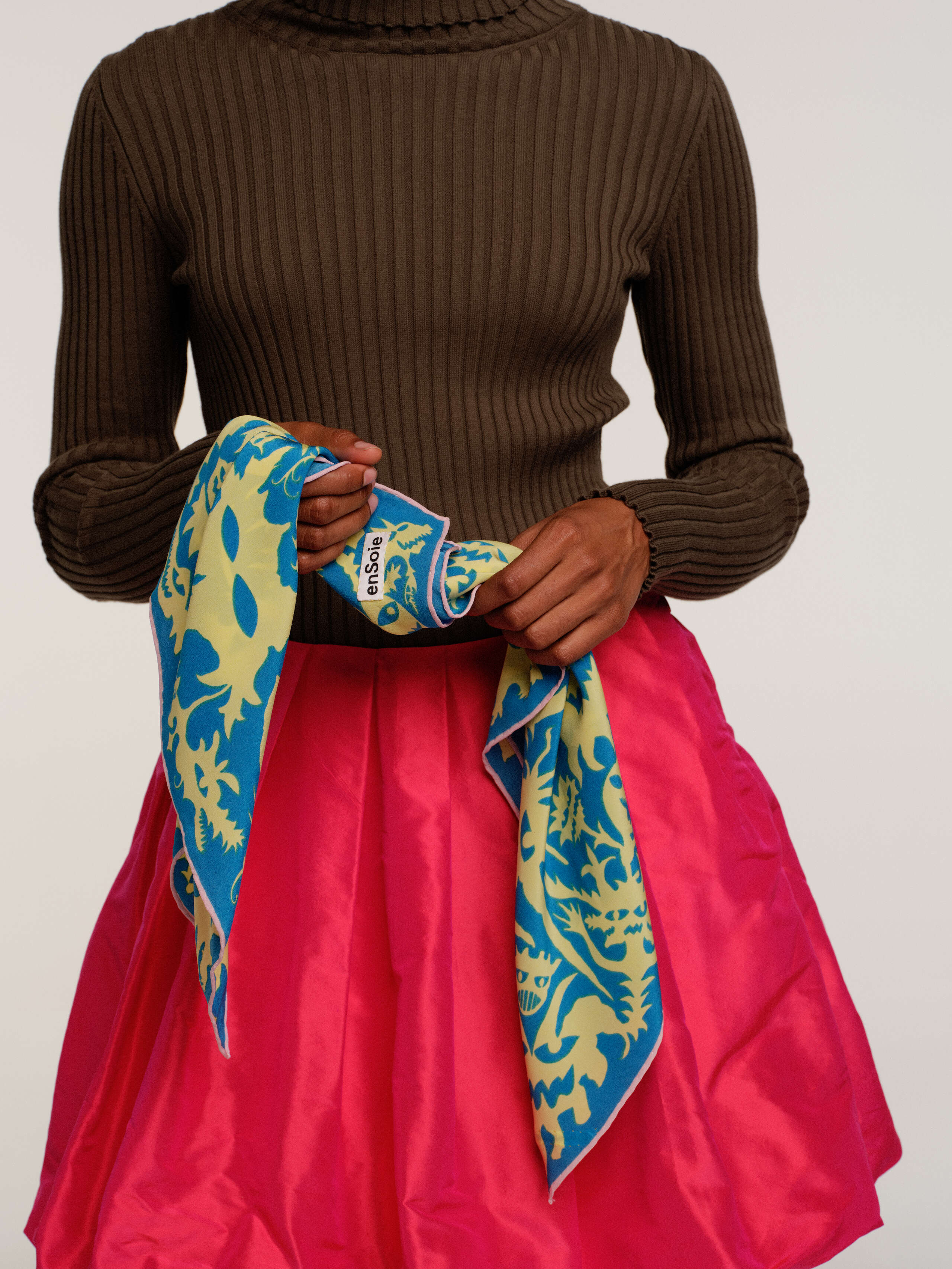 Monster silk foulard with print in skyblue and vanilla 