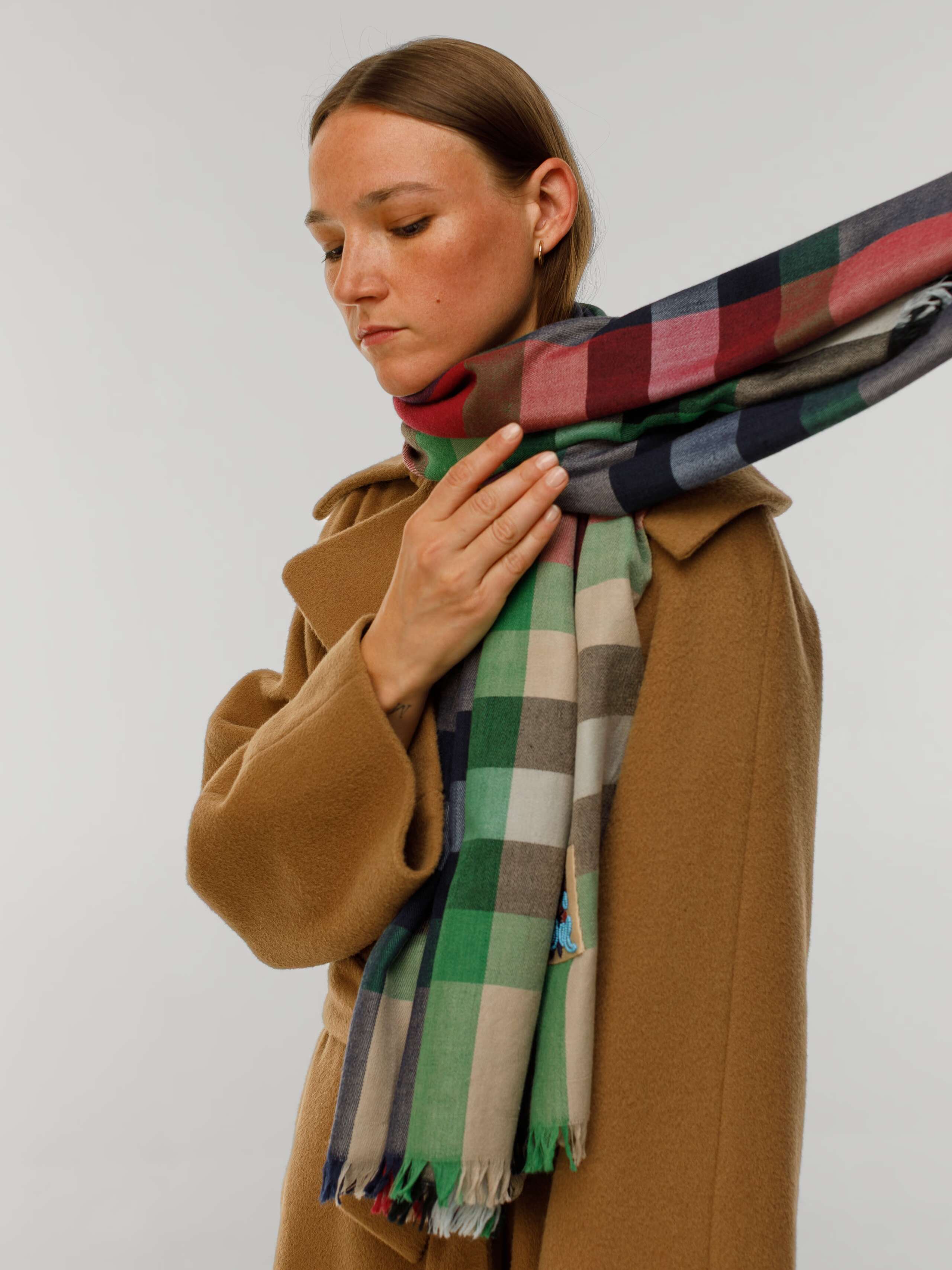 model wearing soft embrace scarf