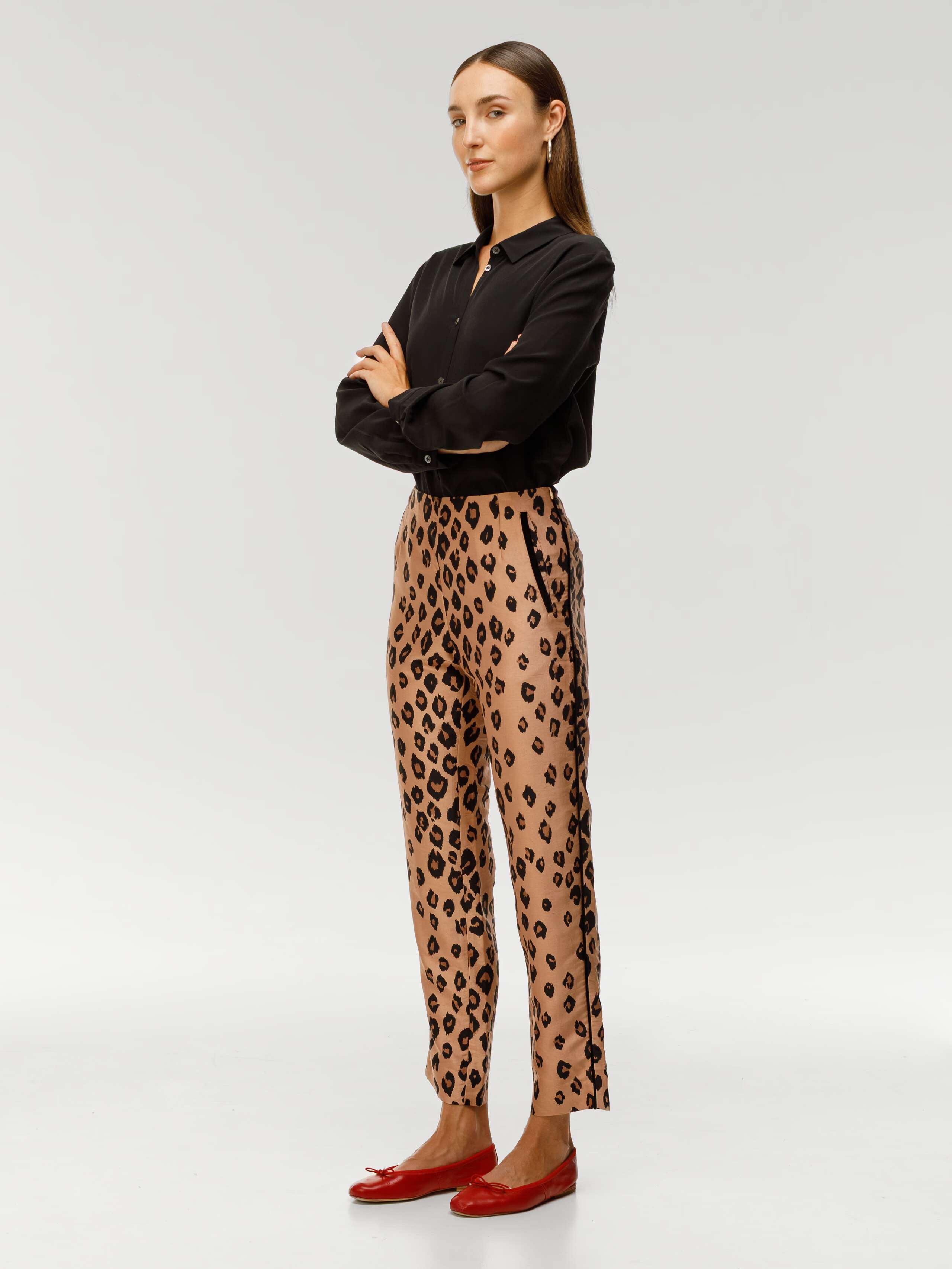 Diane leo heritage print trousers in silk, worn by model
