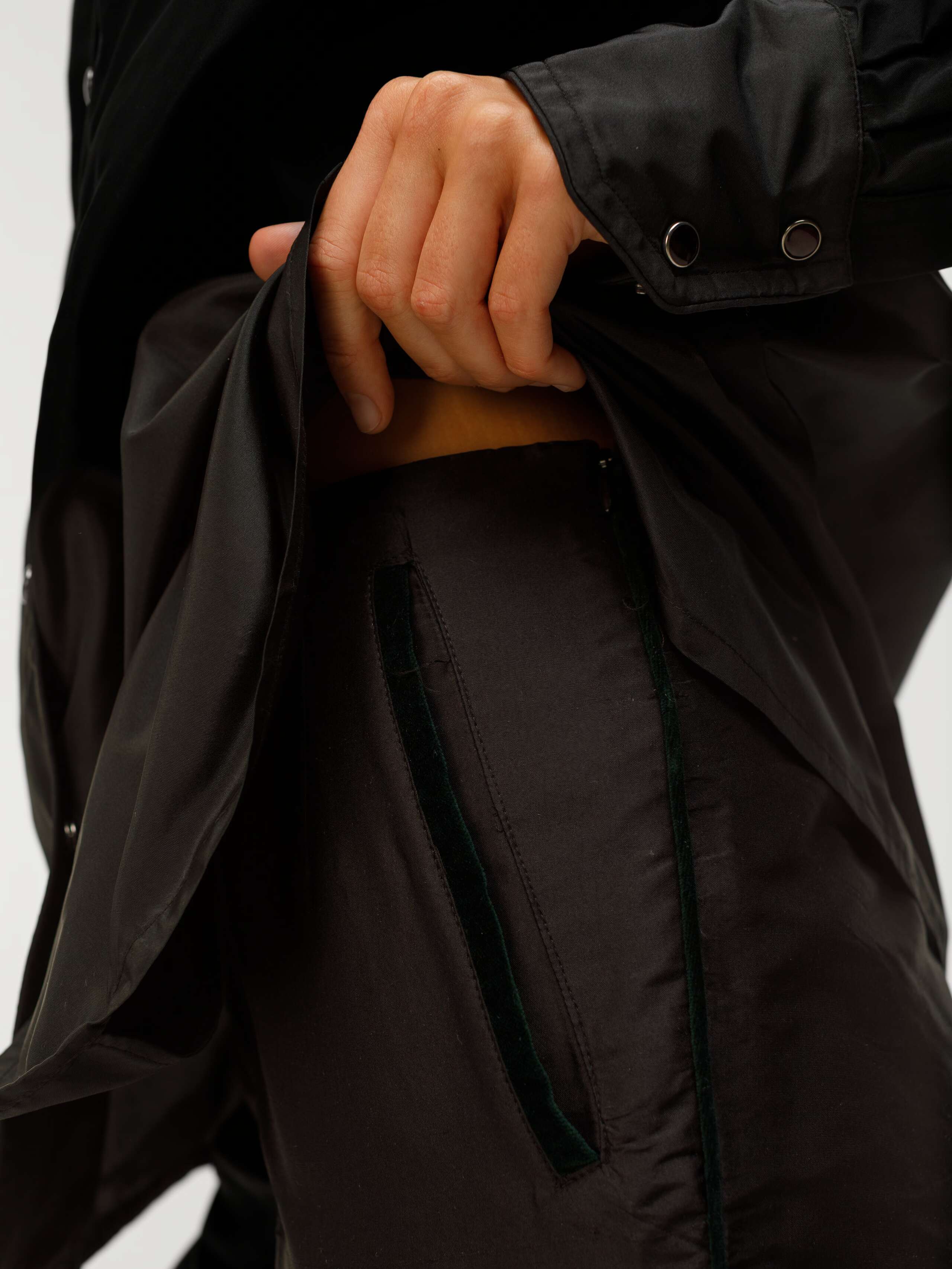 Diane black trousers in silk, worn by model