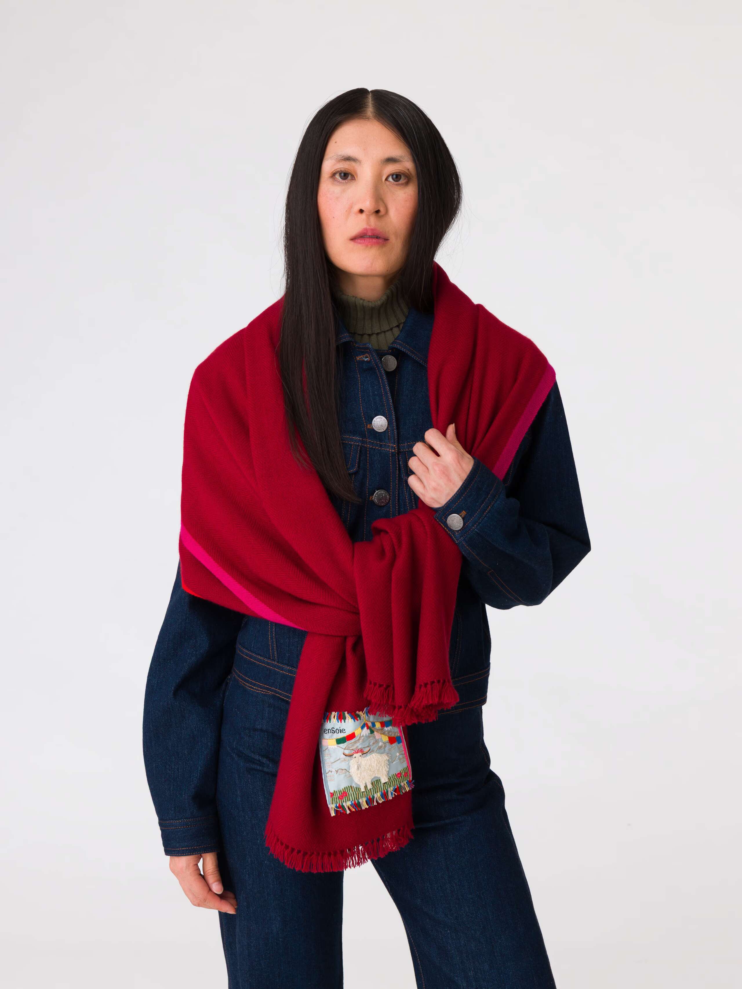 Picture of a women wearing a red cashmere stole