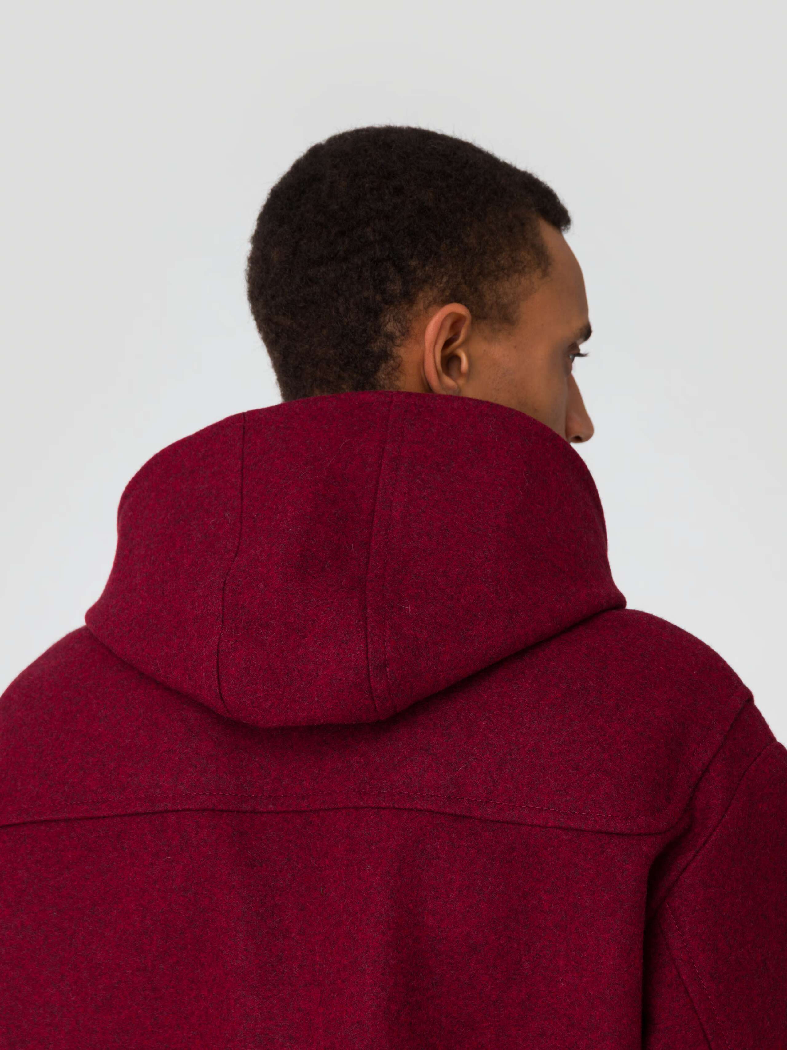 Otis coat in wine red hood detail