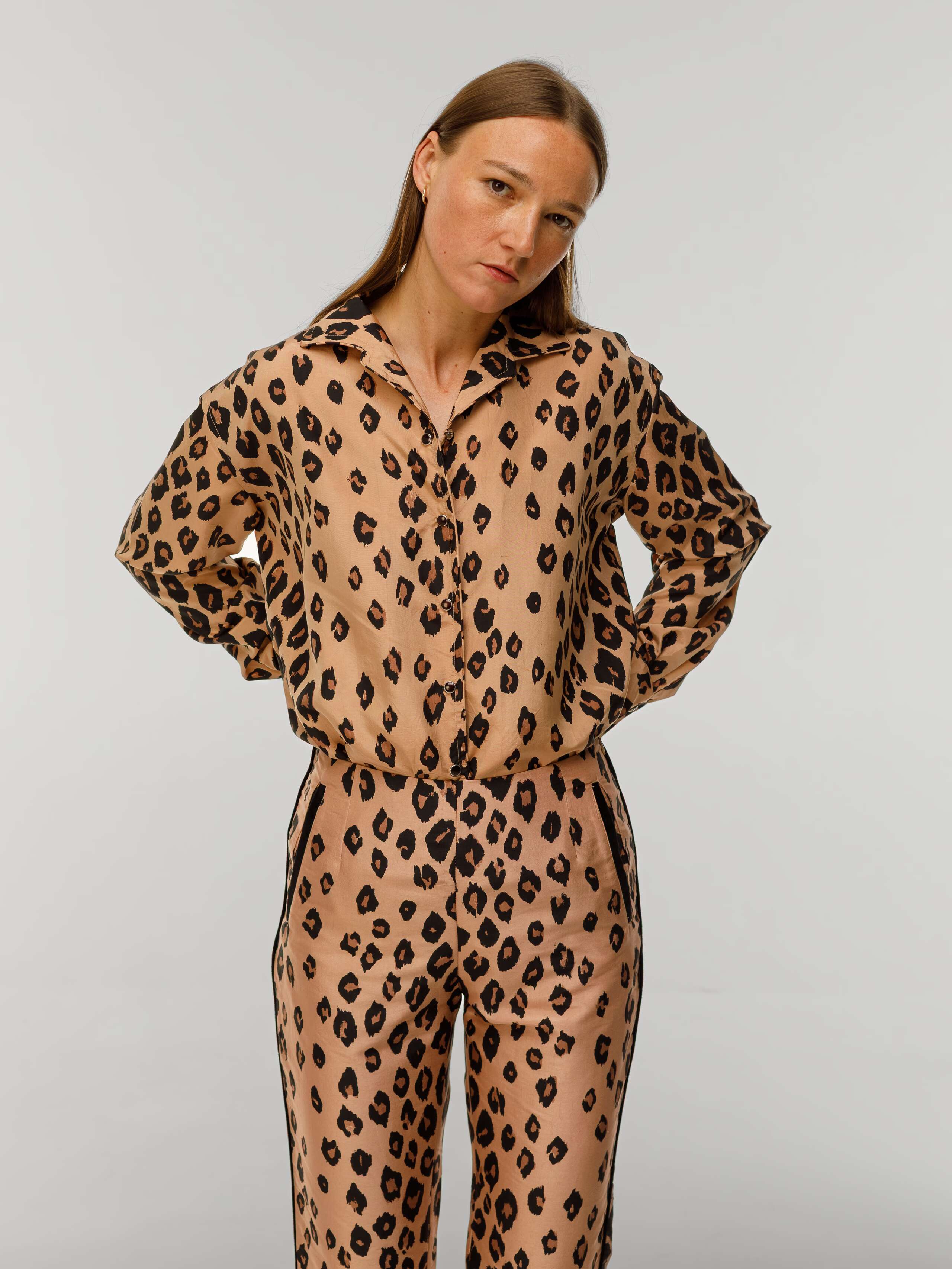 Malin blouse in heritage leopard print worn by model