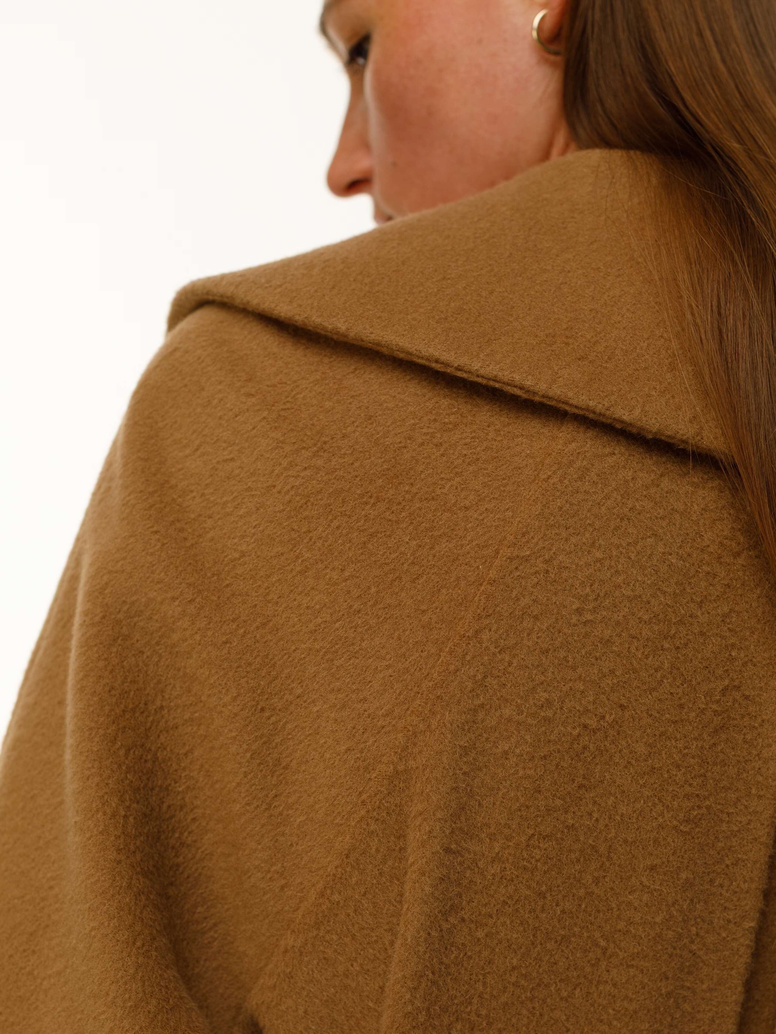 Soho alpaca wool coat in beige worn by model