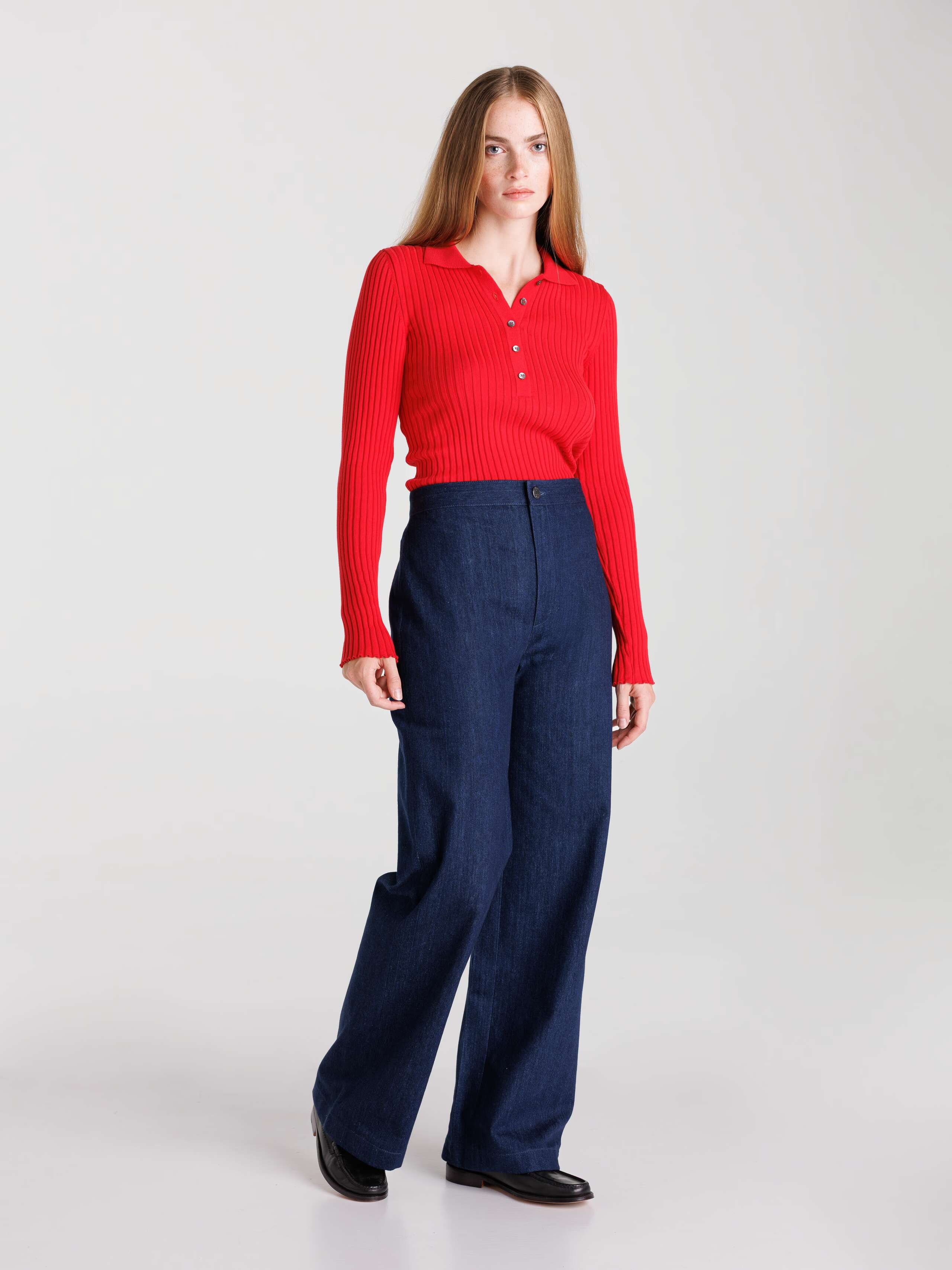 Amy trousers in indigo worn by model