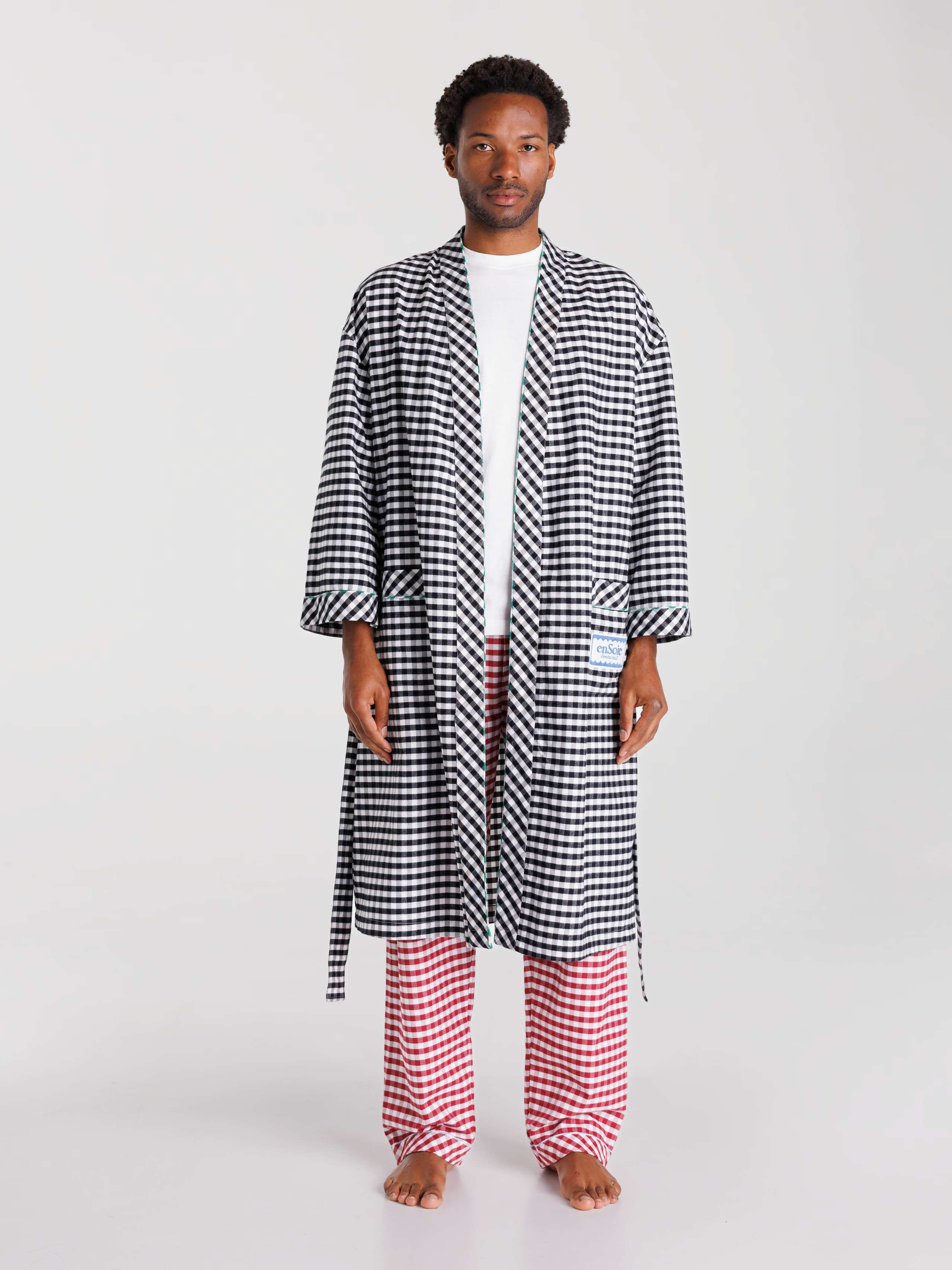 Cotton flannel vichy robe in Black