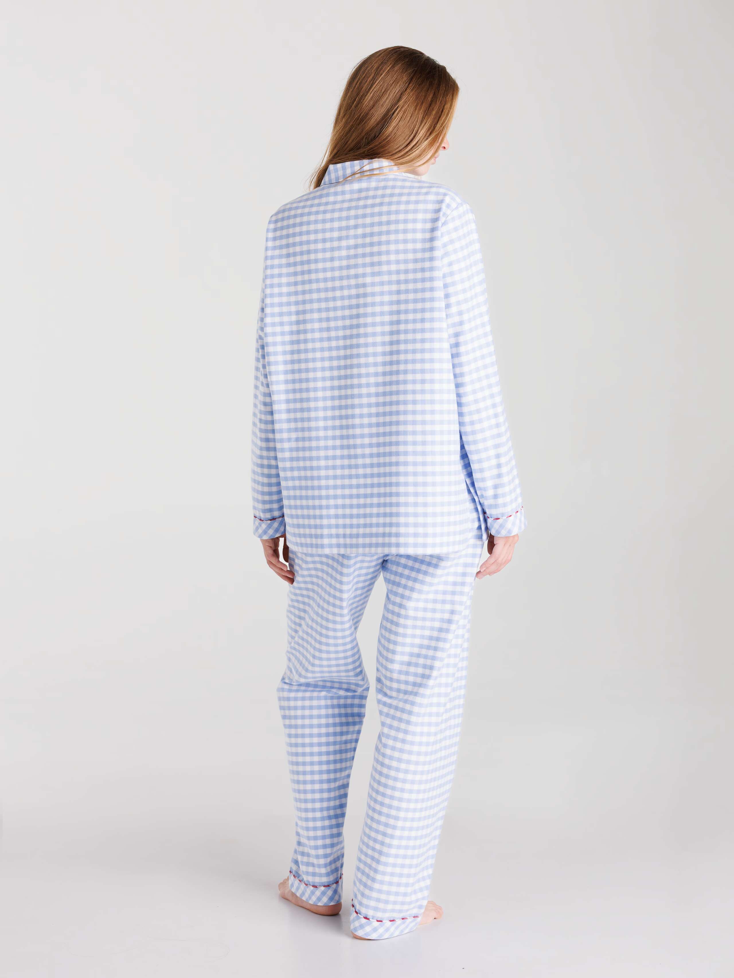 Cotton flannel vichy pyjama in Cerulean Blue worn by female model