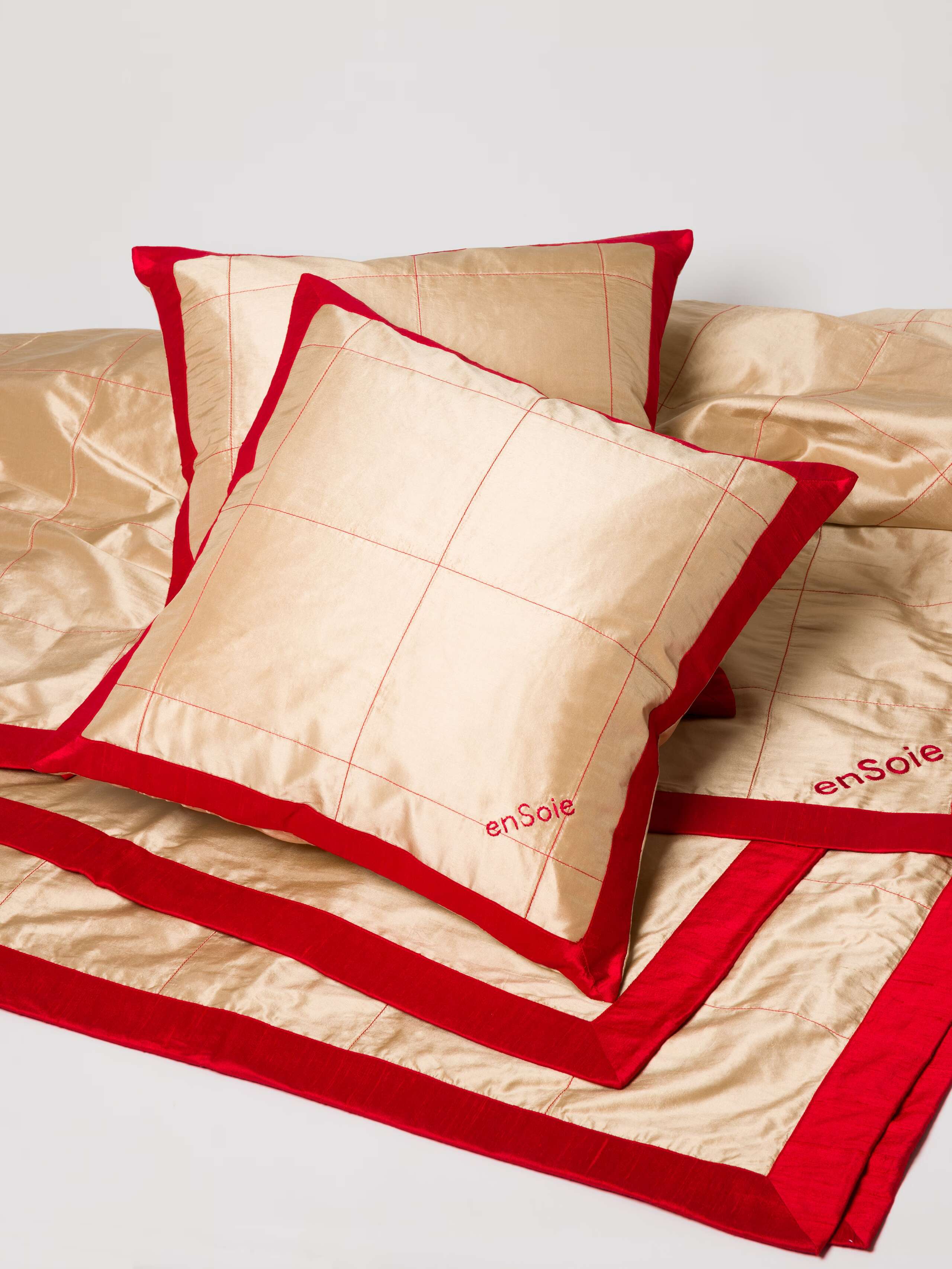 Sophie and Mila Quilt and Pillow Set in doupion silk gold red