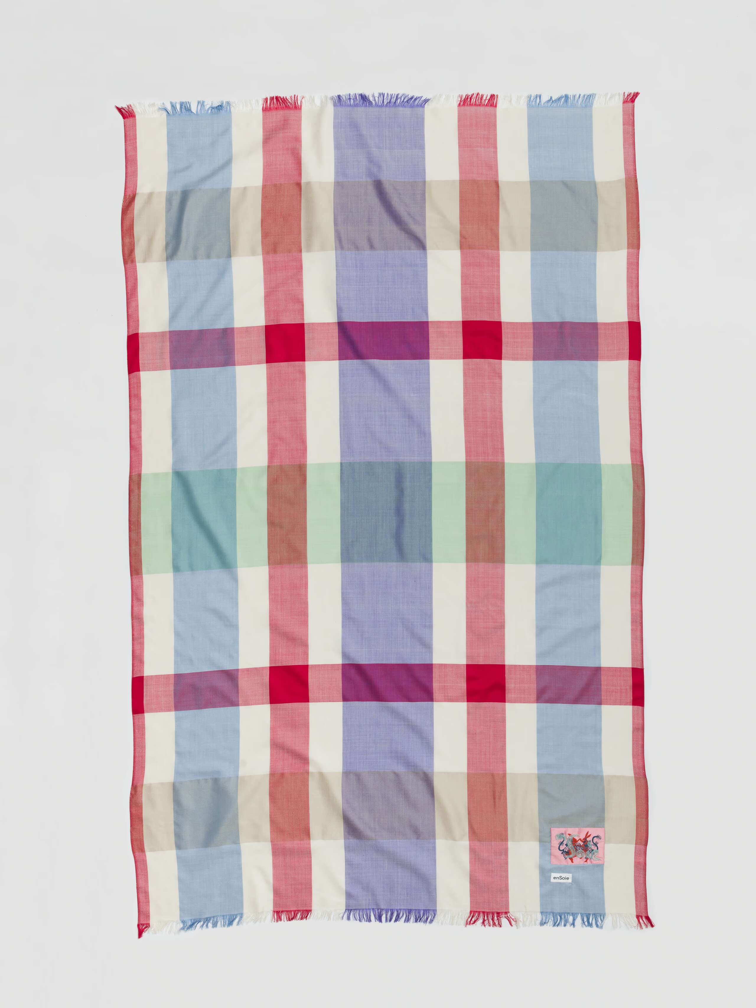 Silk woven check scarf in light colours, red, light blue, green with white base