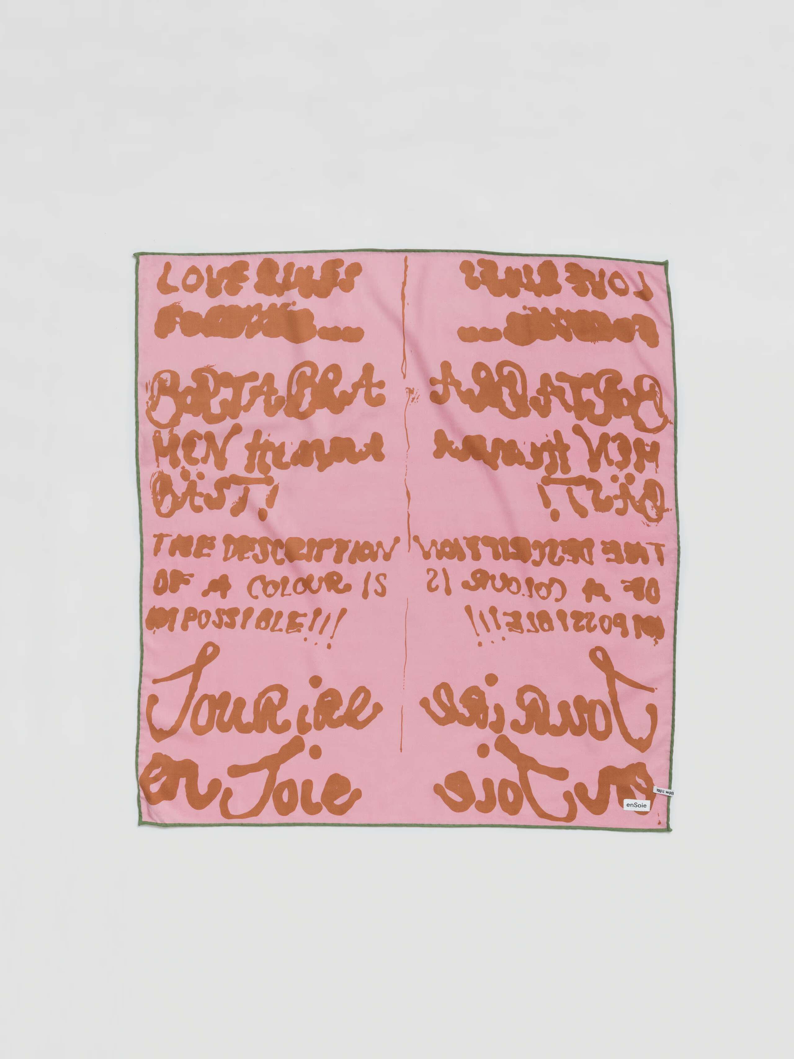 Wool Foulard with proverb print in rose lavender and brown