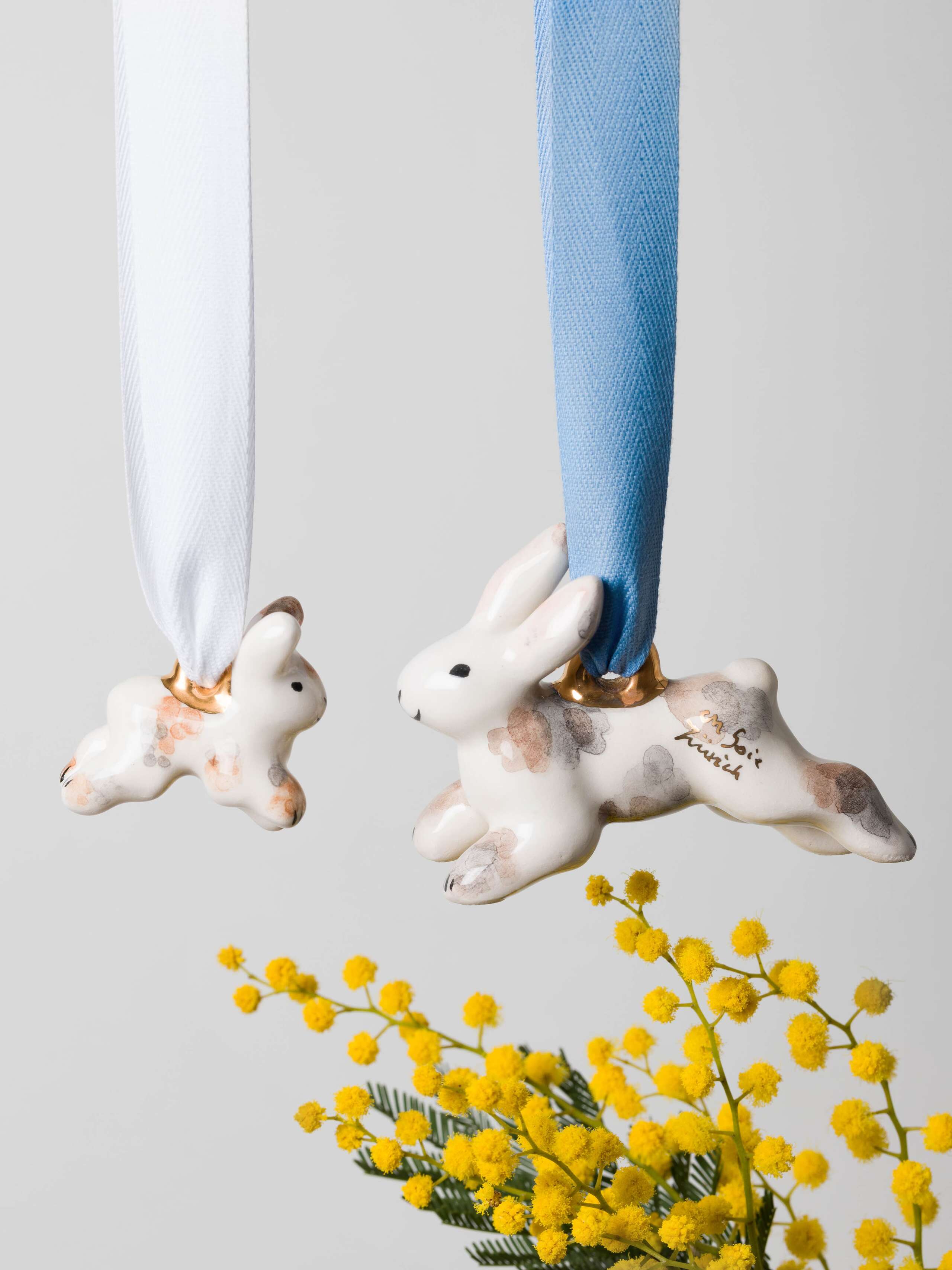Jumping rabbit ornament in brown and grey shades handmade handpainted 
