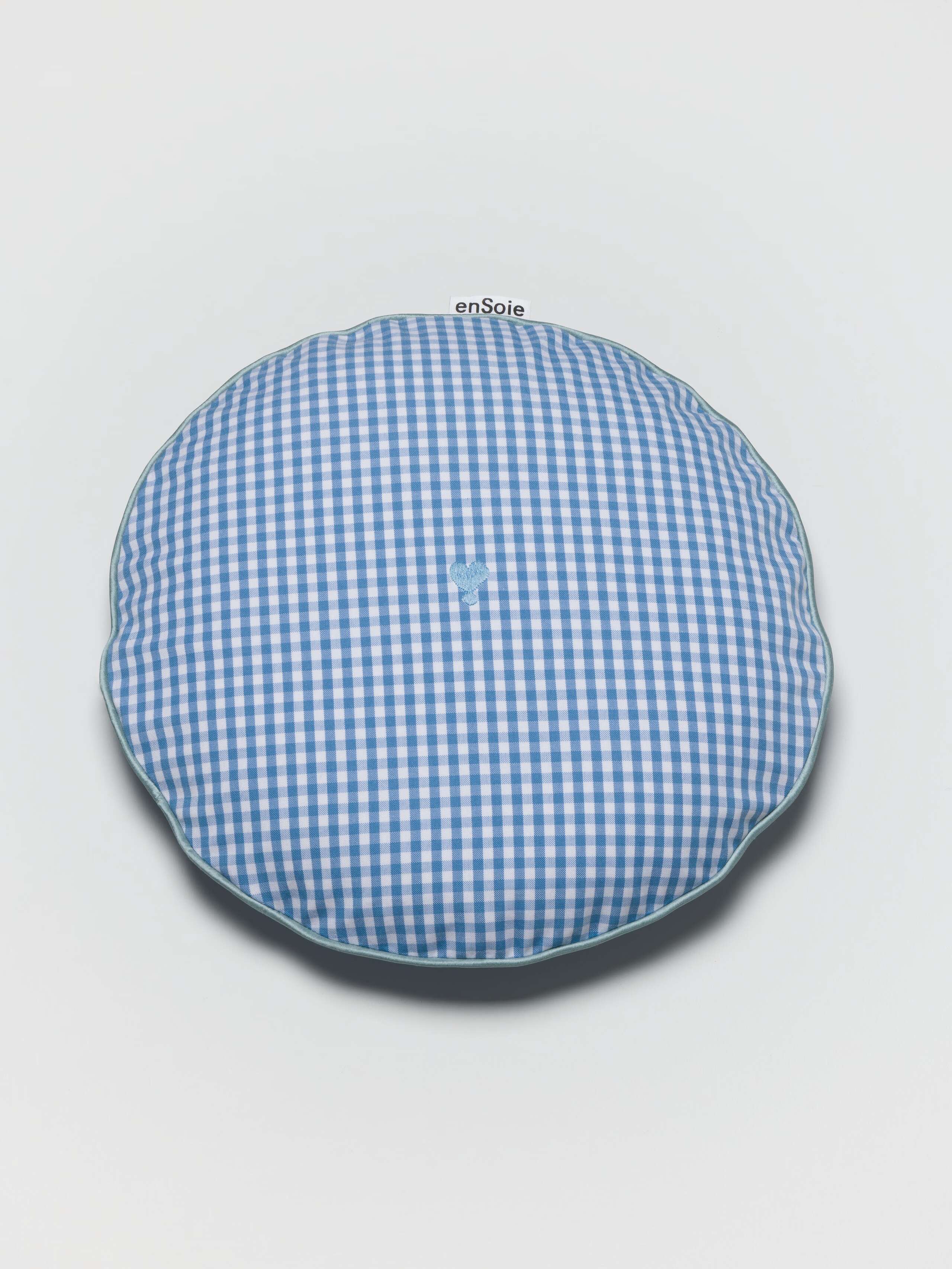 Juniper round pillow cover in light blue vichy check